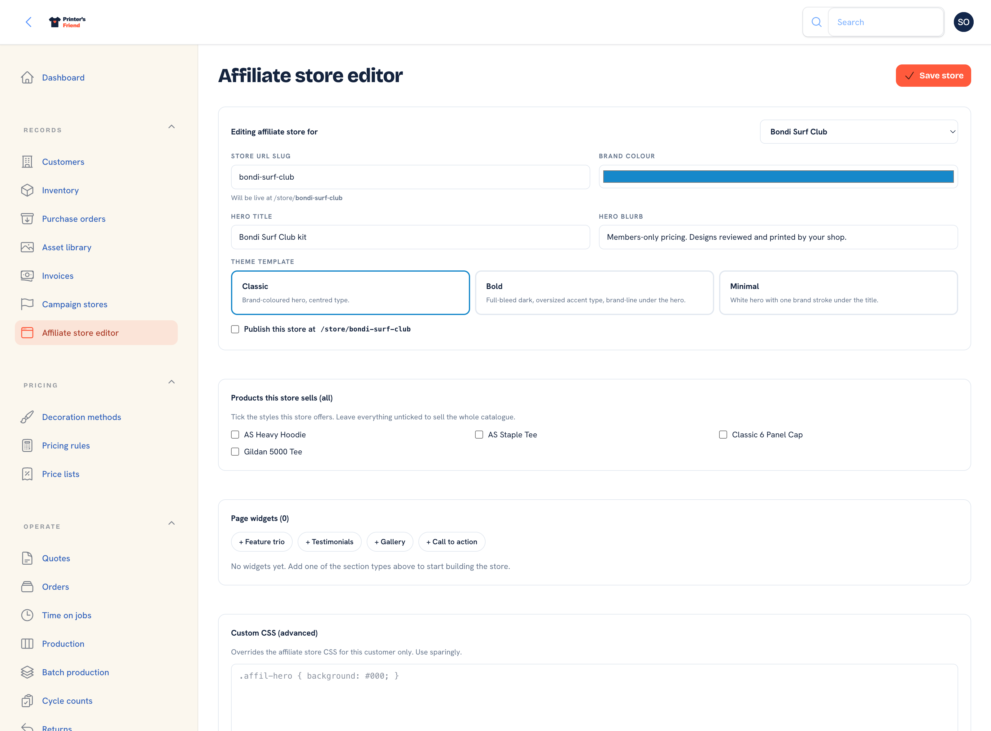 The affiliate store editor