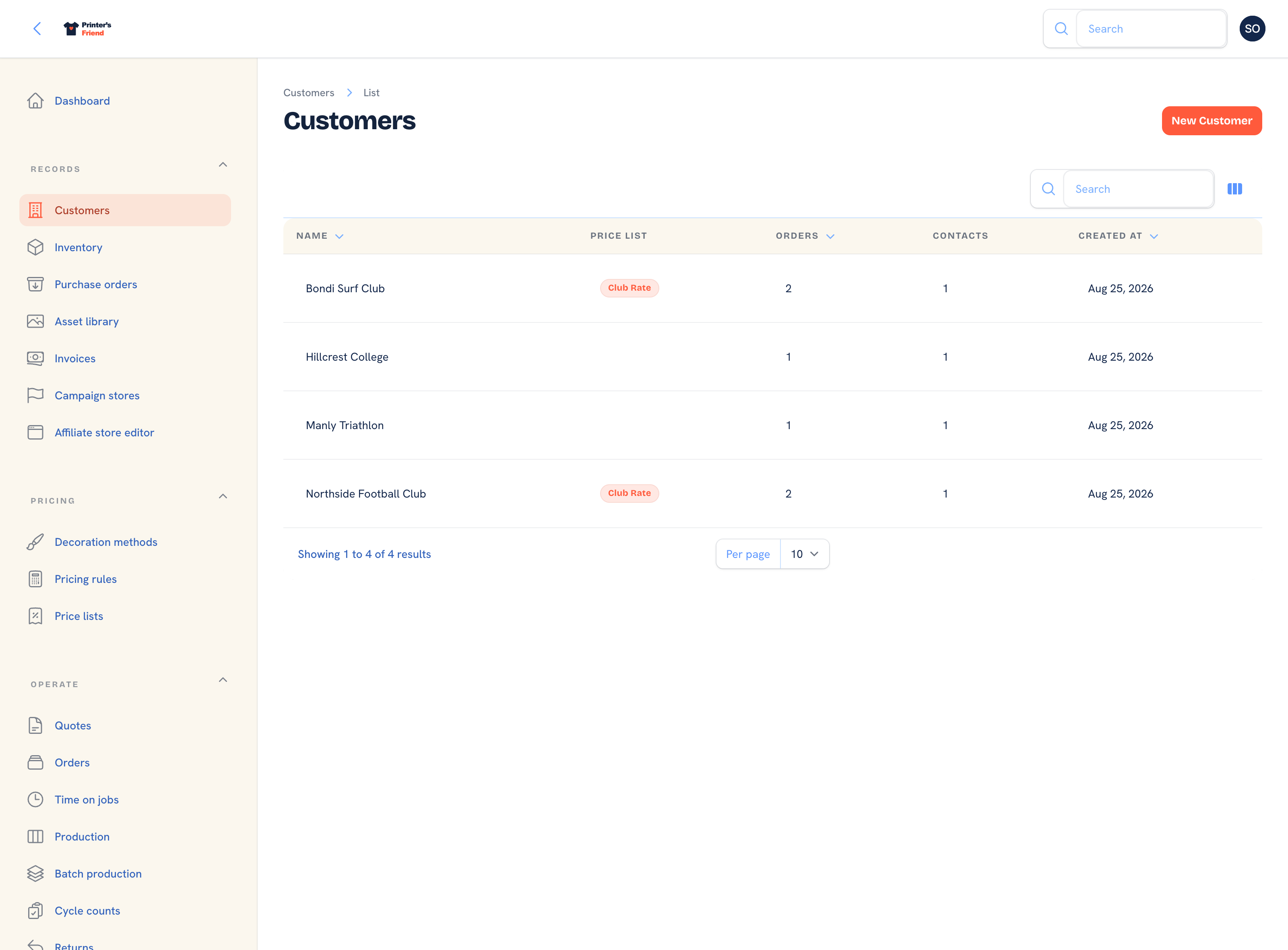 The customers list