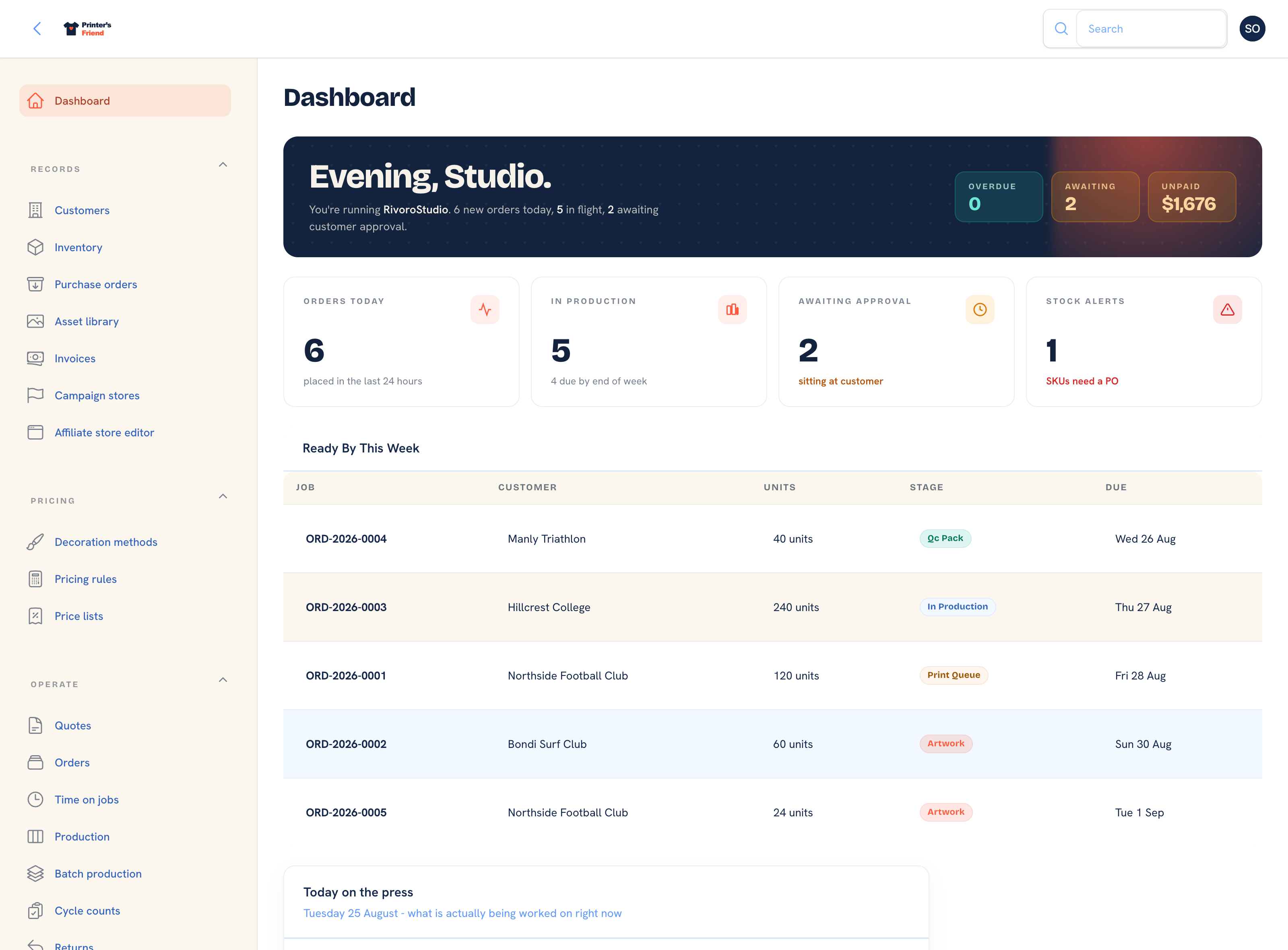 The Printer's Friend dashboard