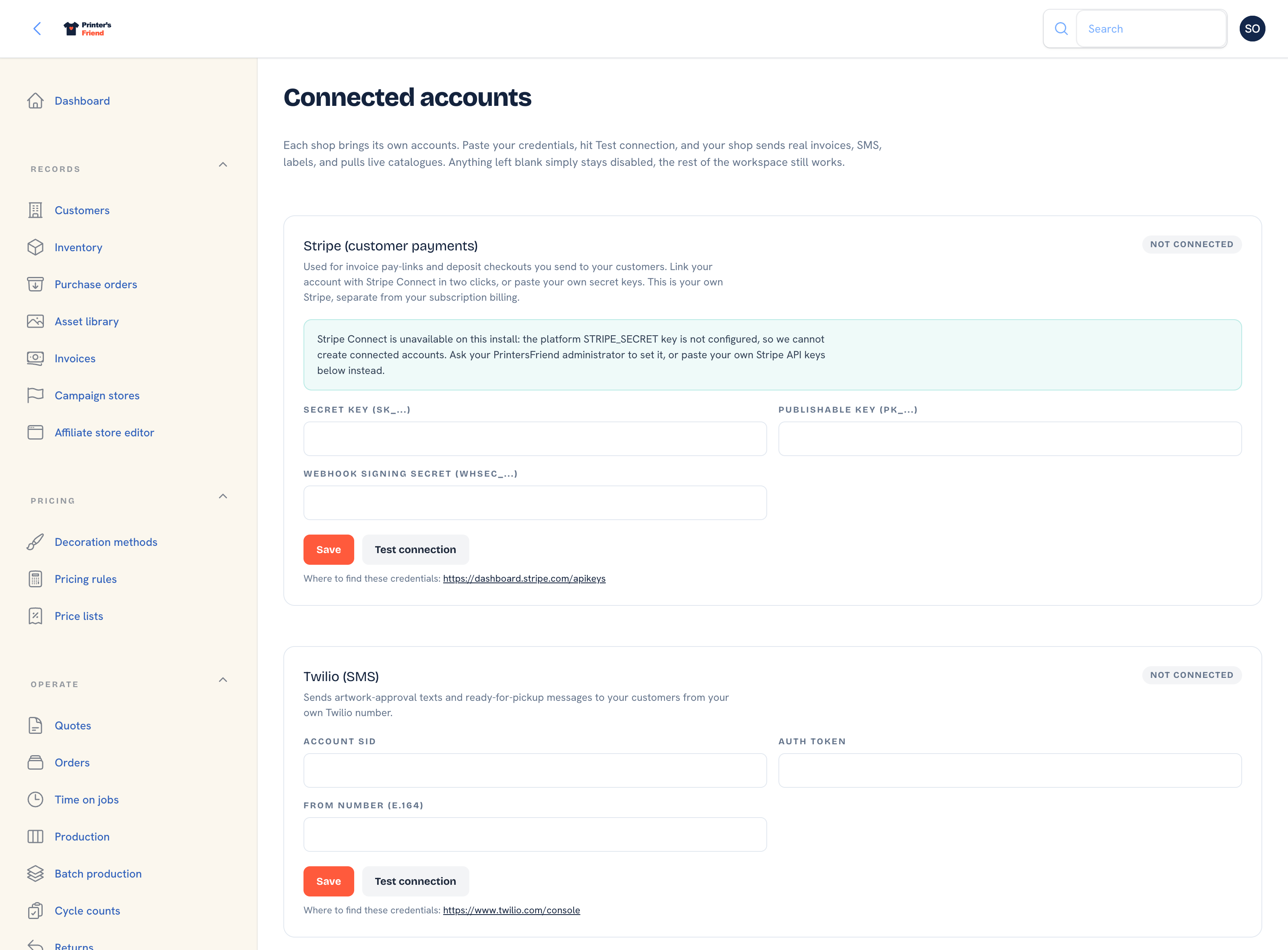 The integrations page