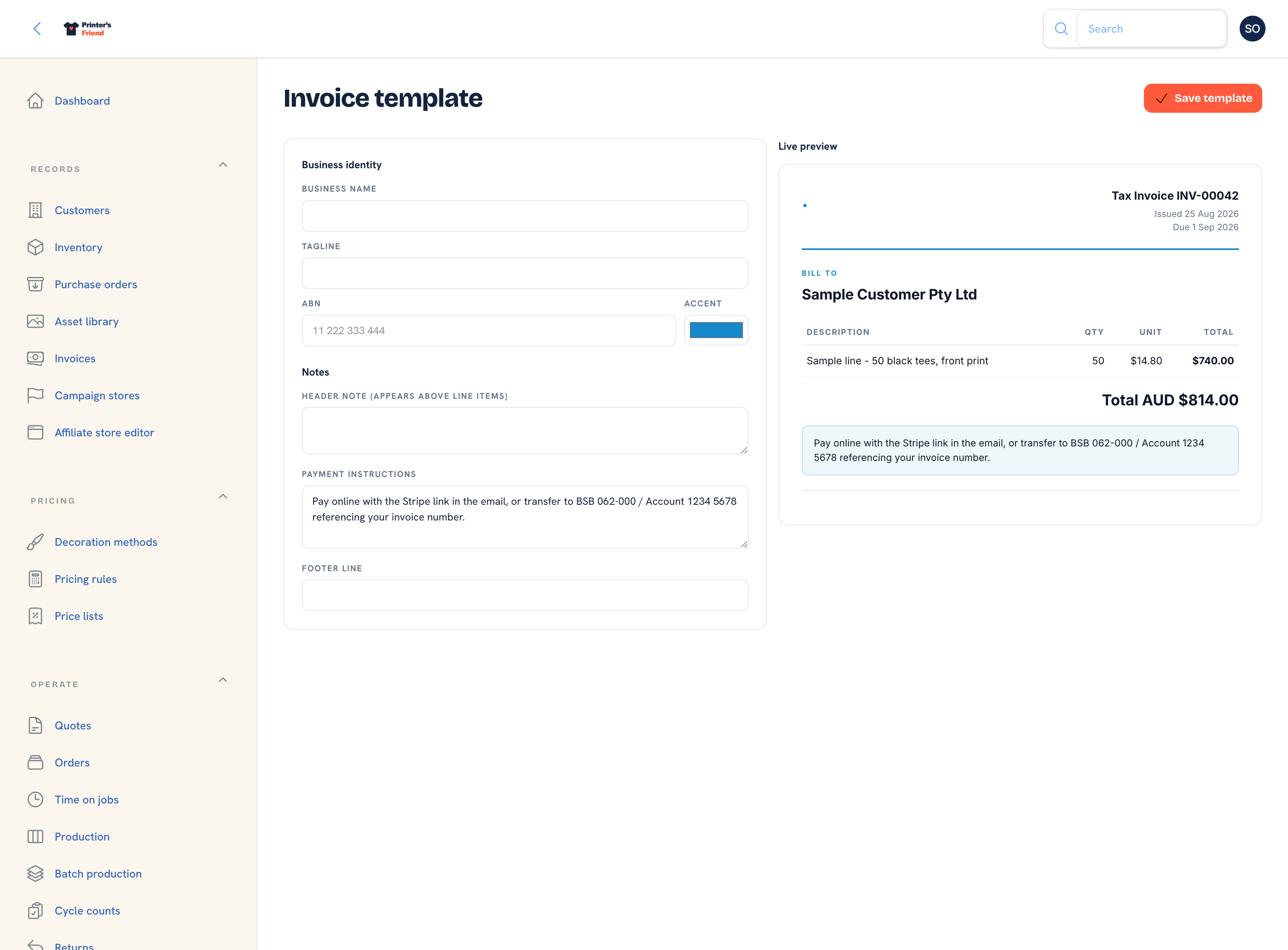 Invoice template settings