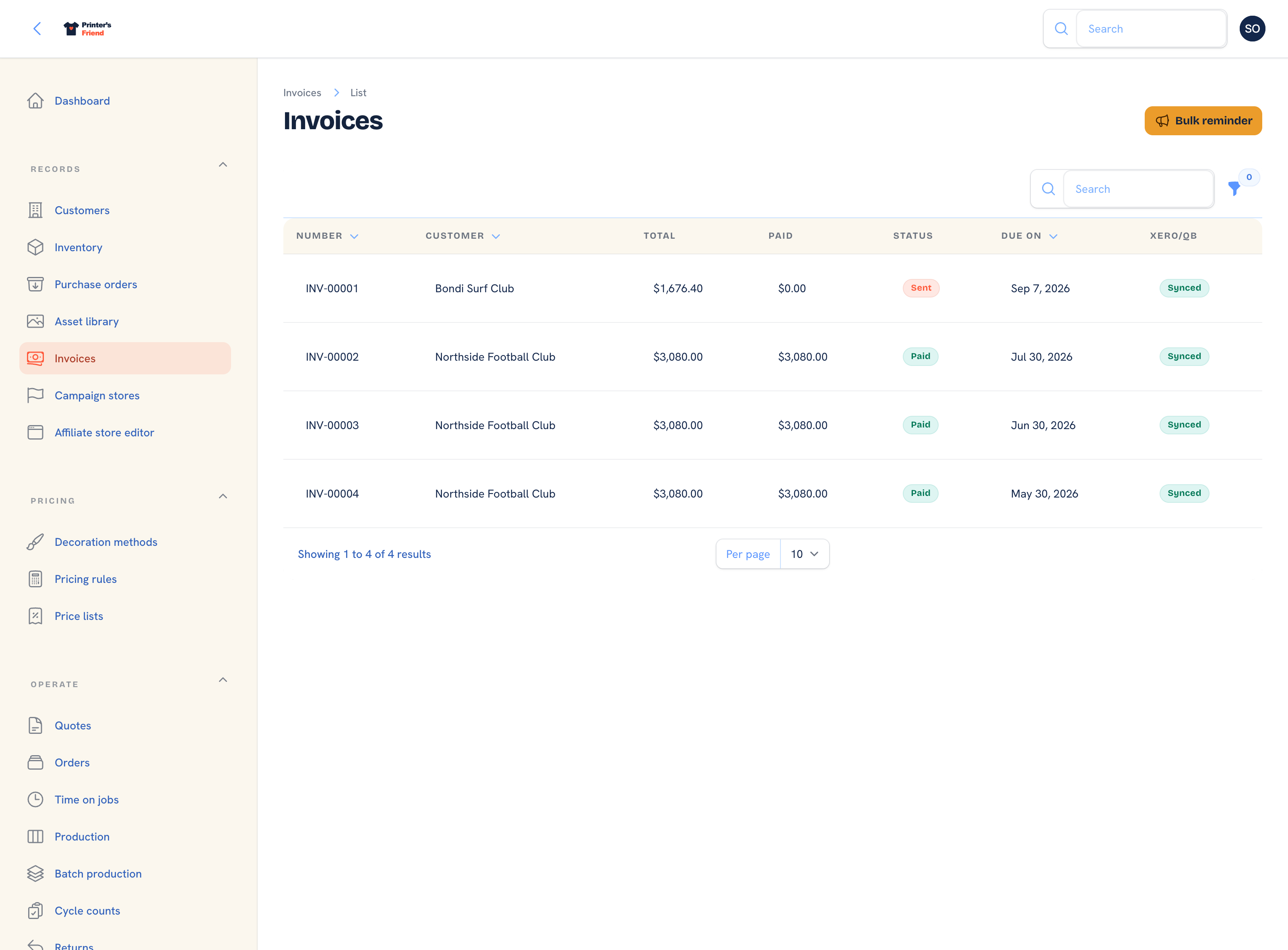 The invoices list