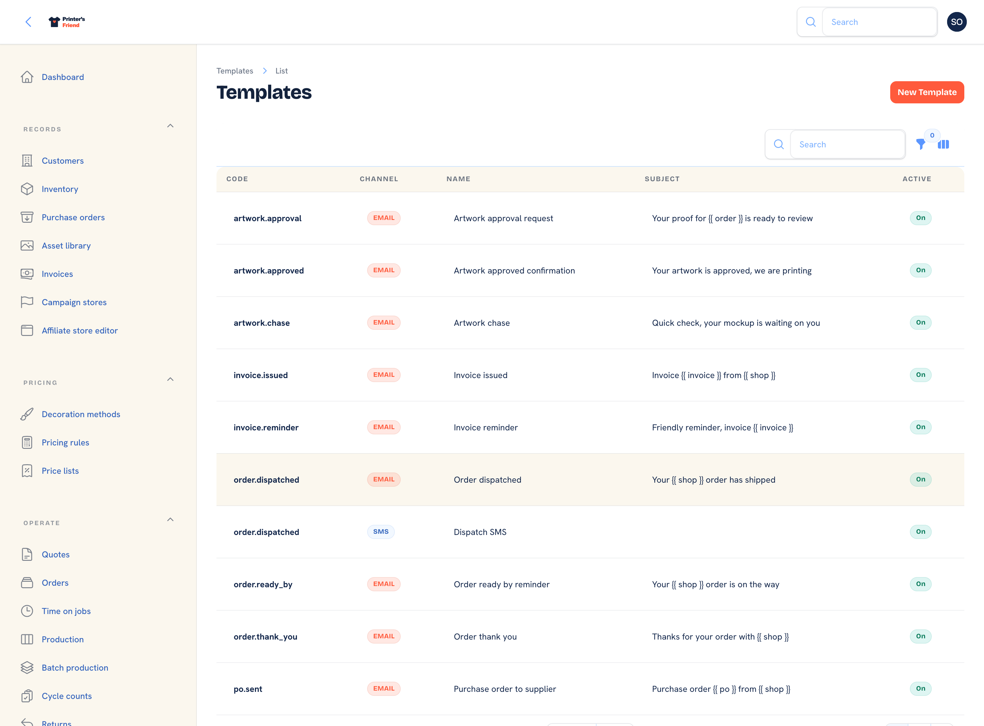 Email and SMS templates