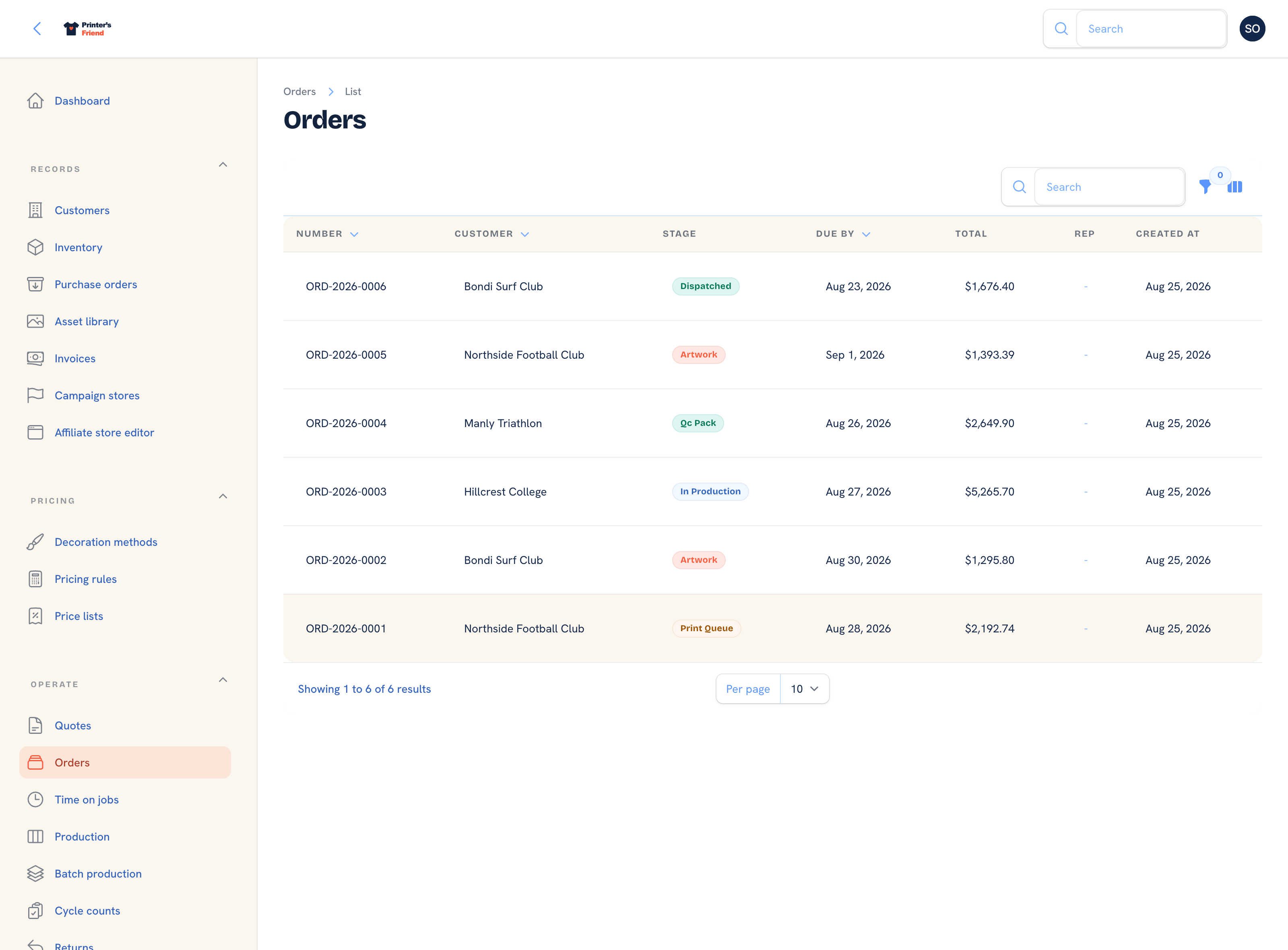 The orders list