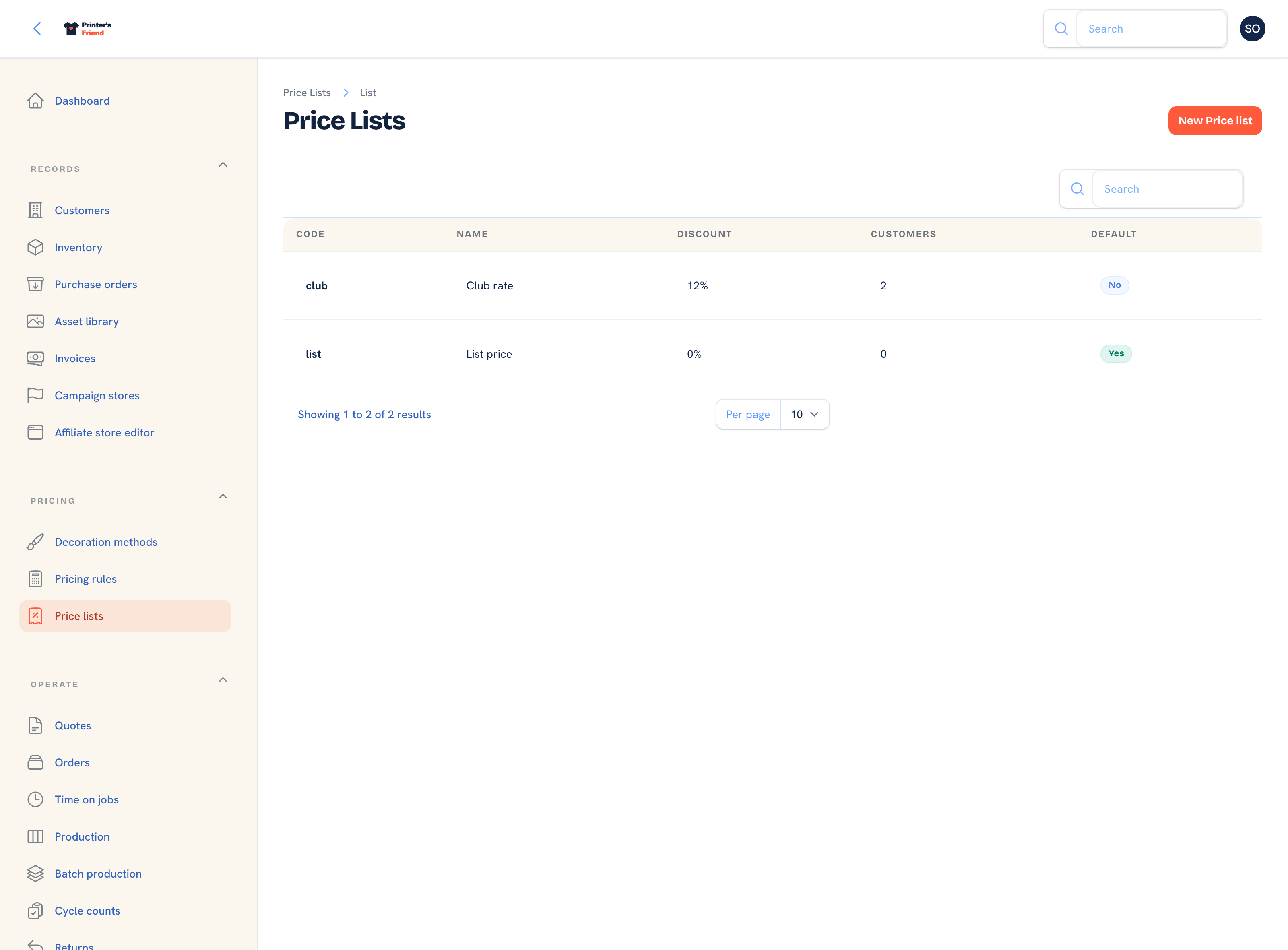 Price lists