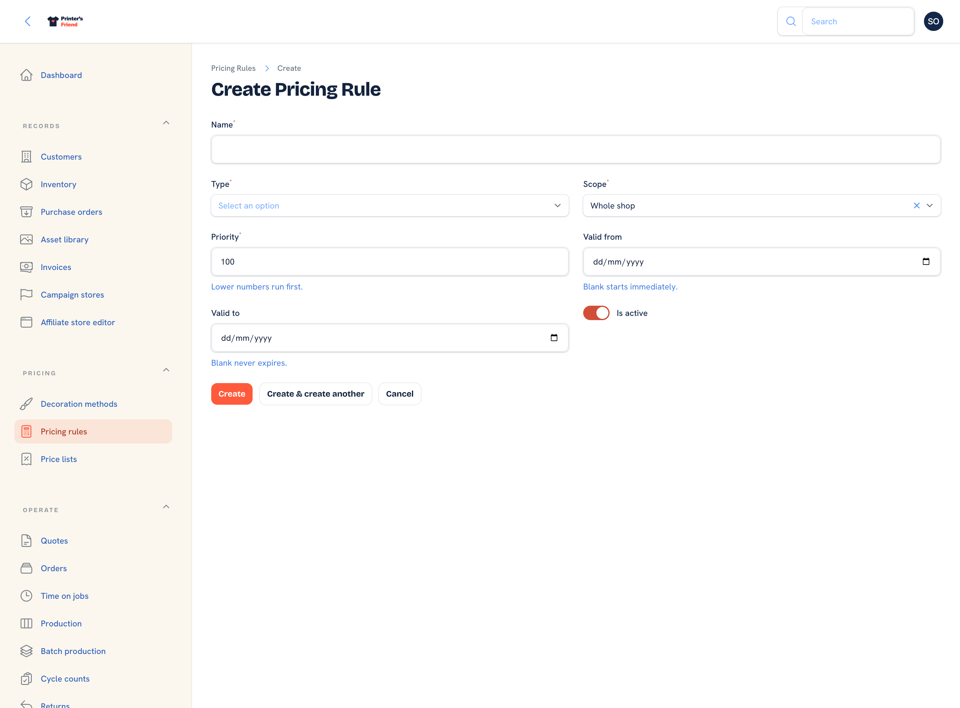 Creating a pricing rule