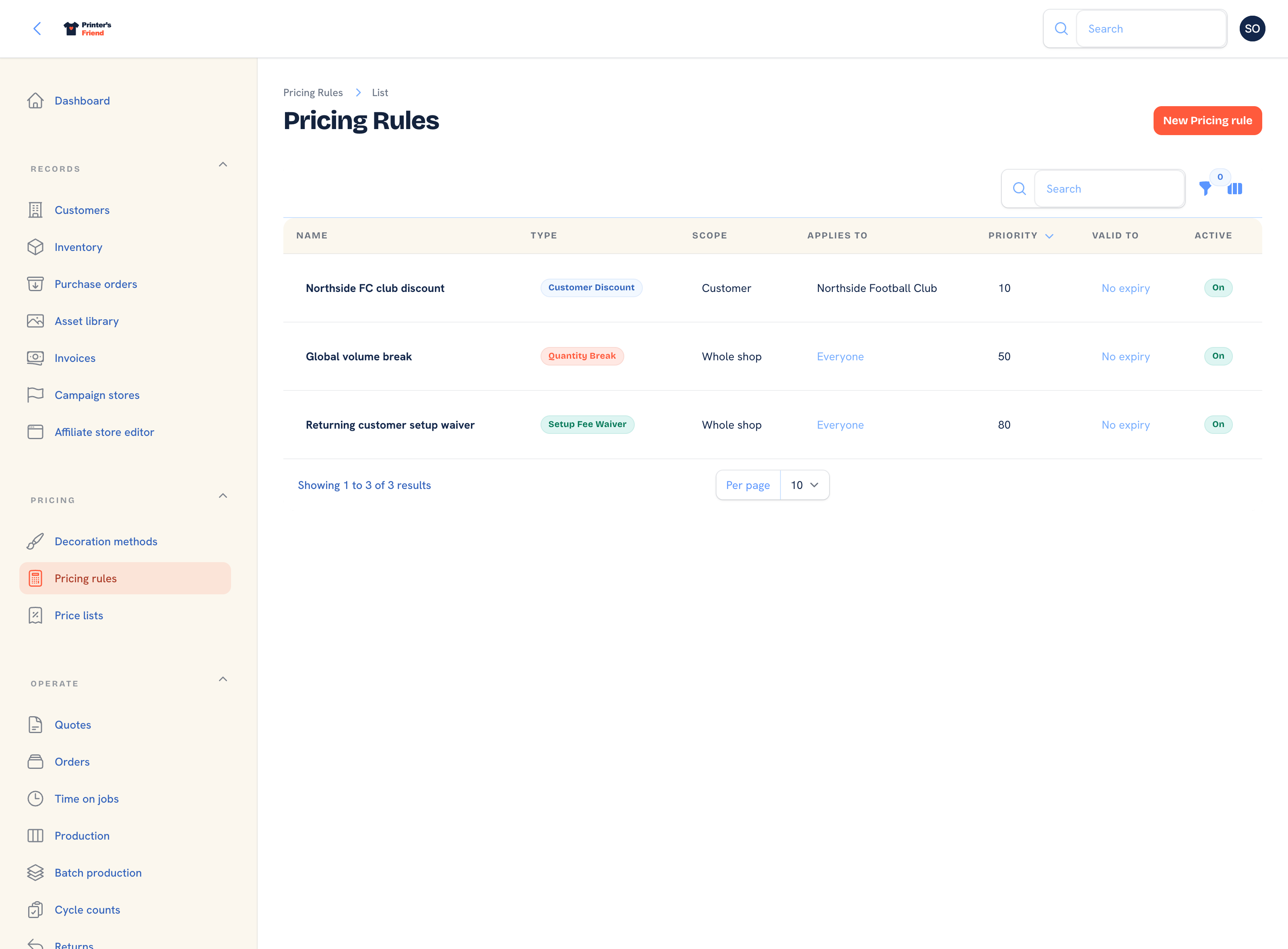 Pricing rules