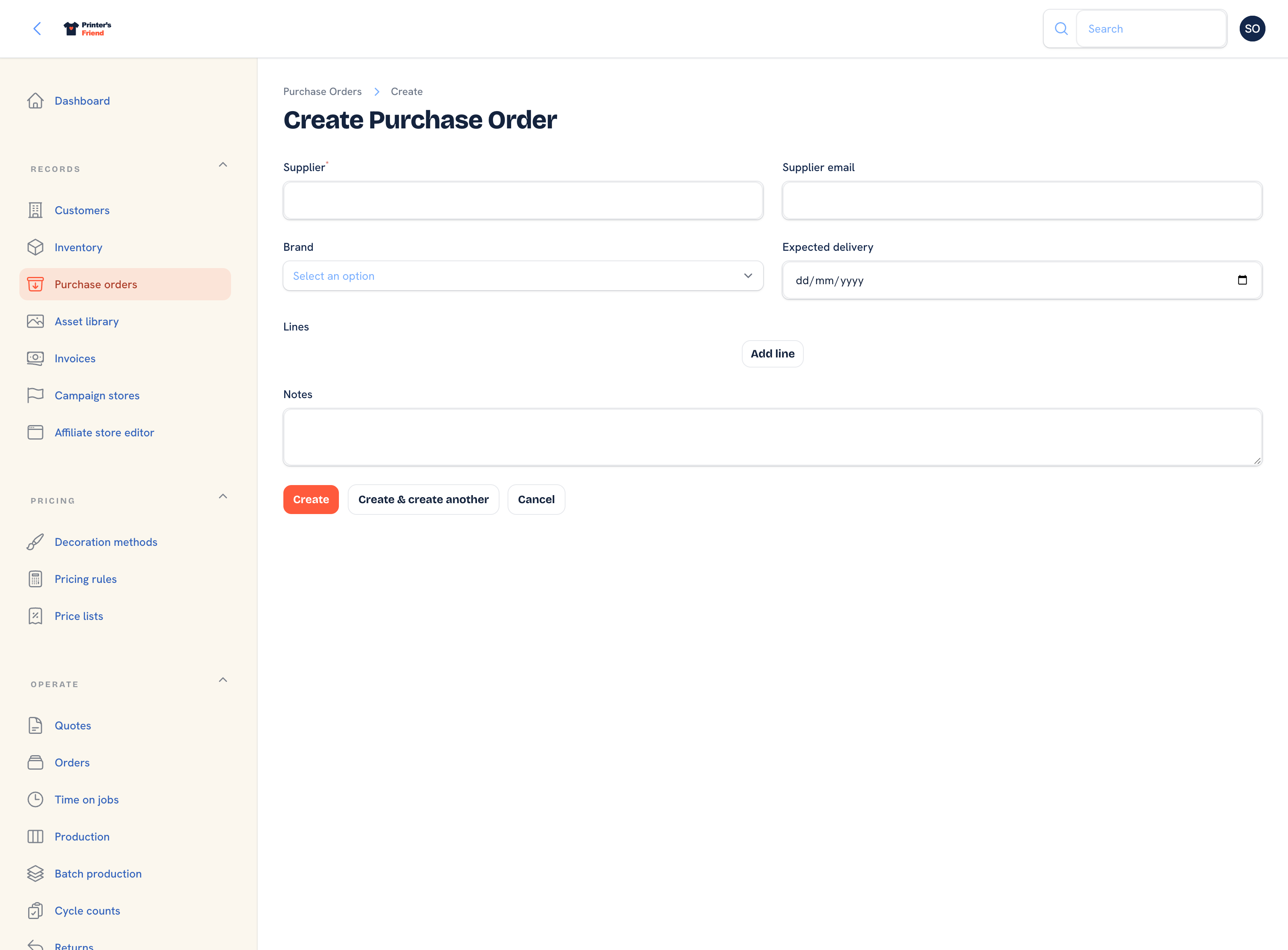Creating a purchase order