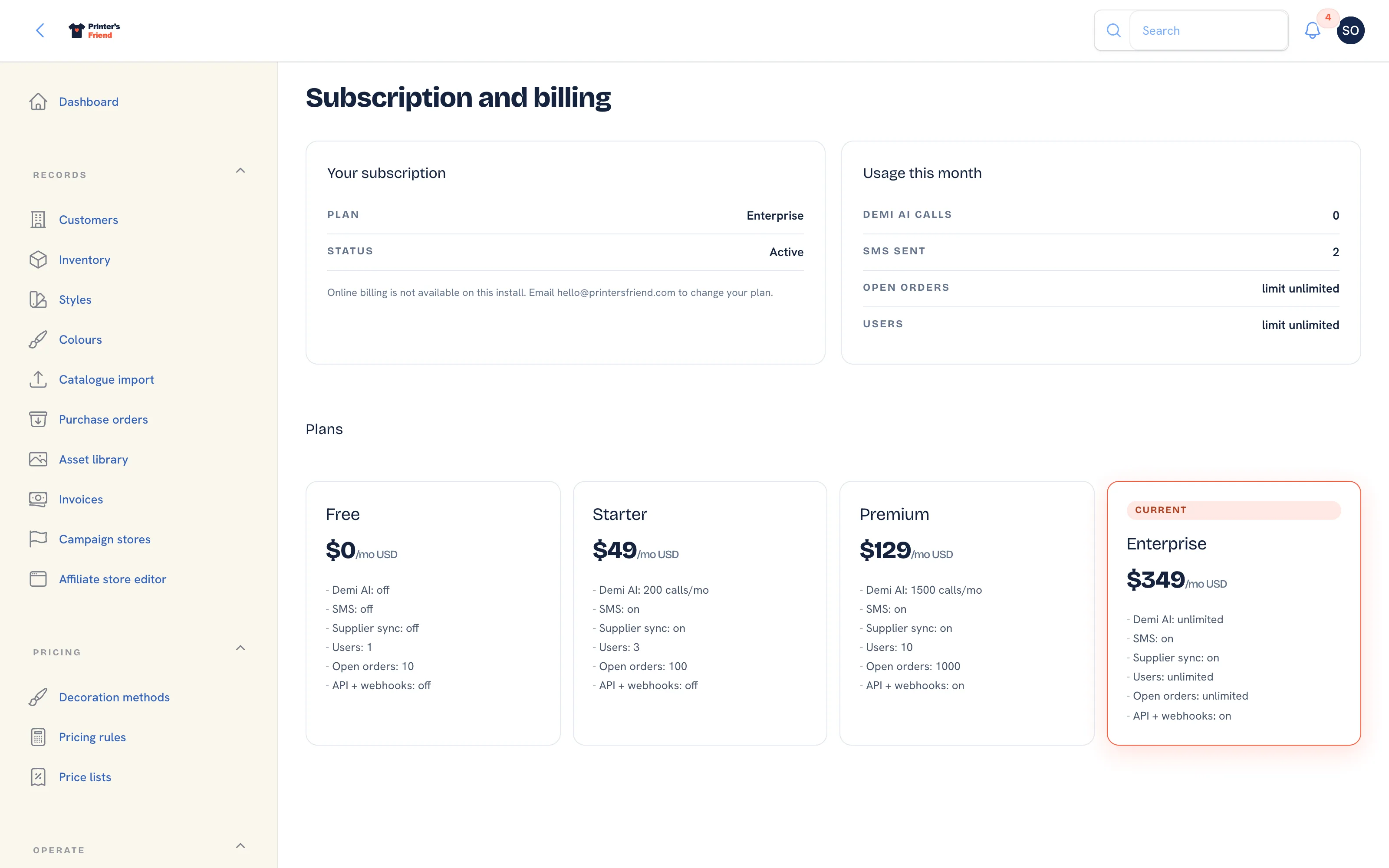 The Billing page scrolled to the Plans comparison, with the current plan marked and a Switch button on each other plan