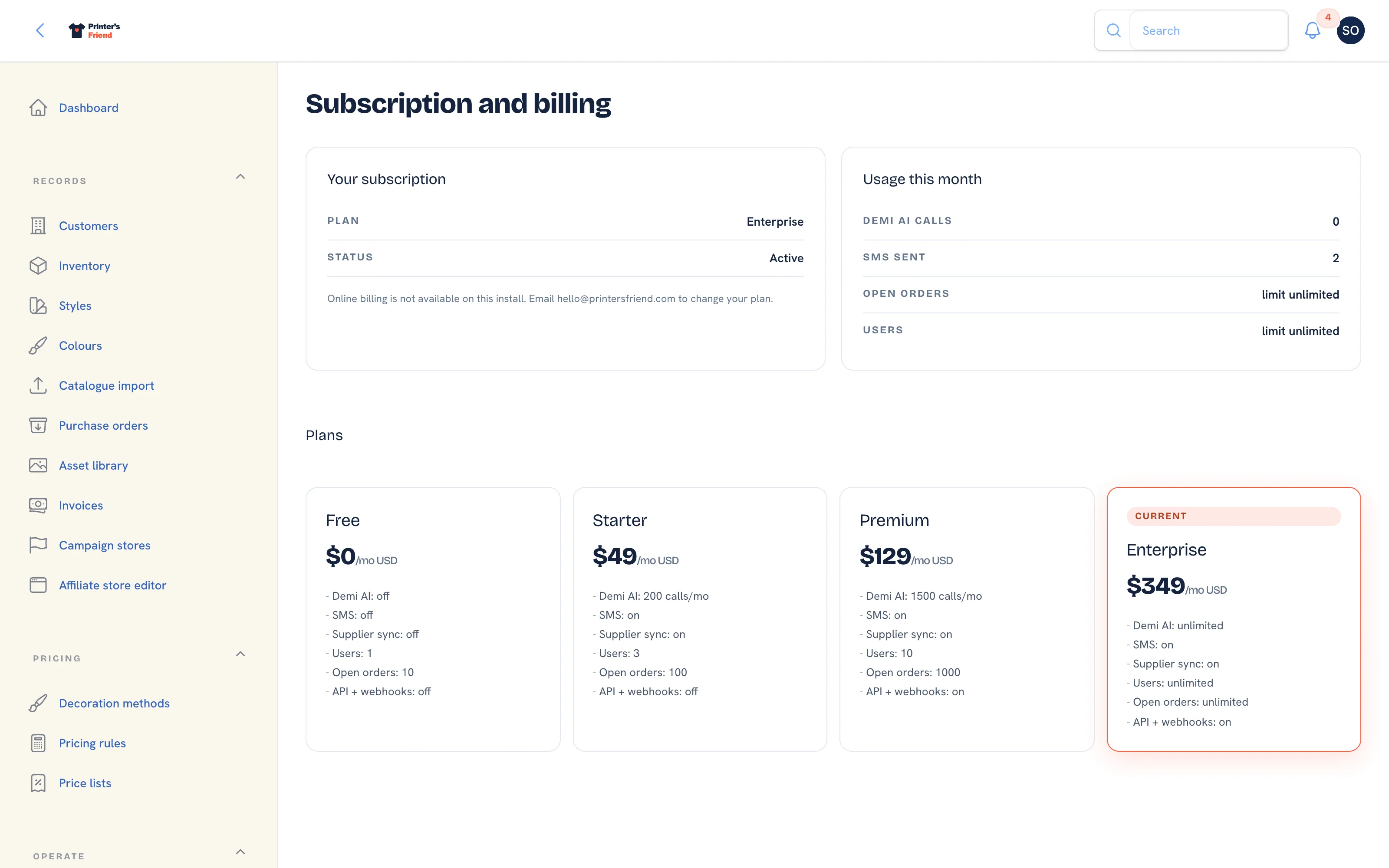 The Billing page with the Your subscription card on the left and Usage this month on the right