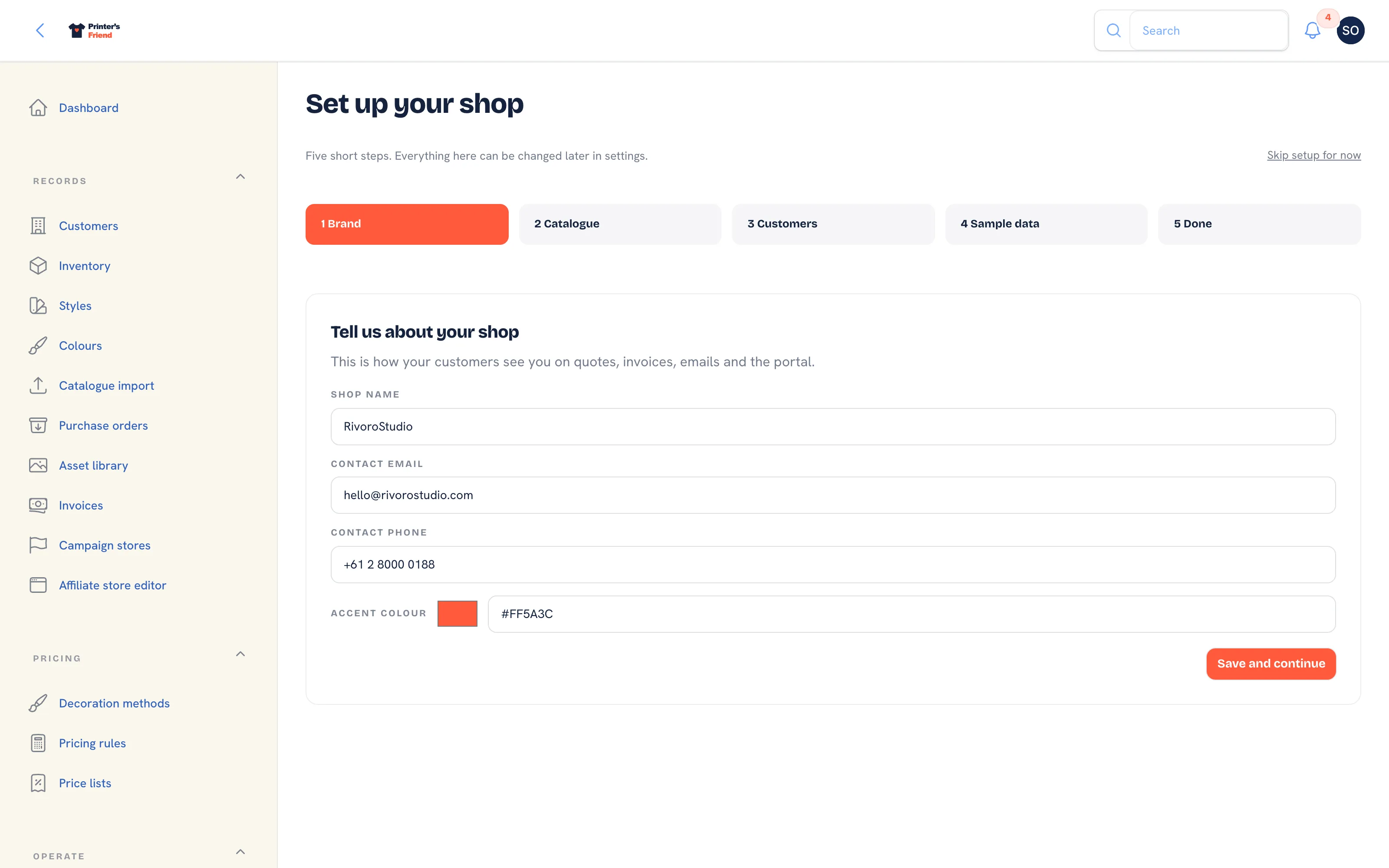 Setup wizard step 1 with the shop name, contact email, contact phone and accent colour fields