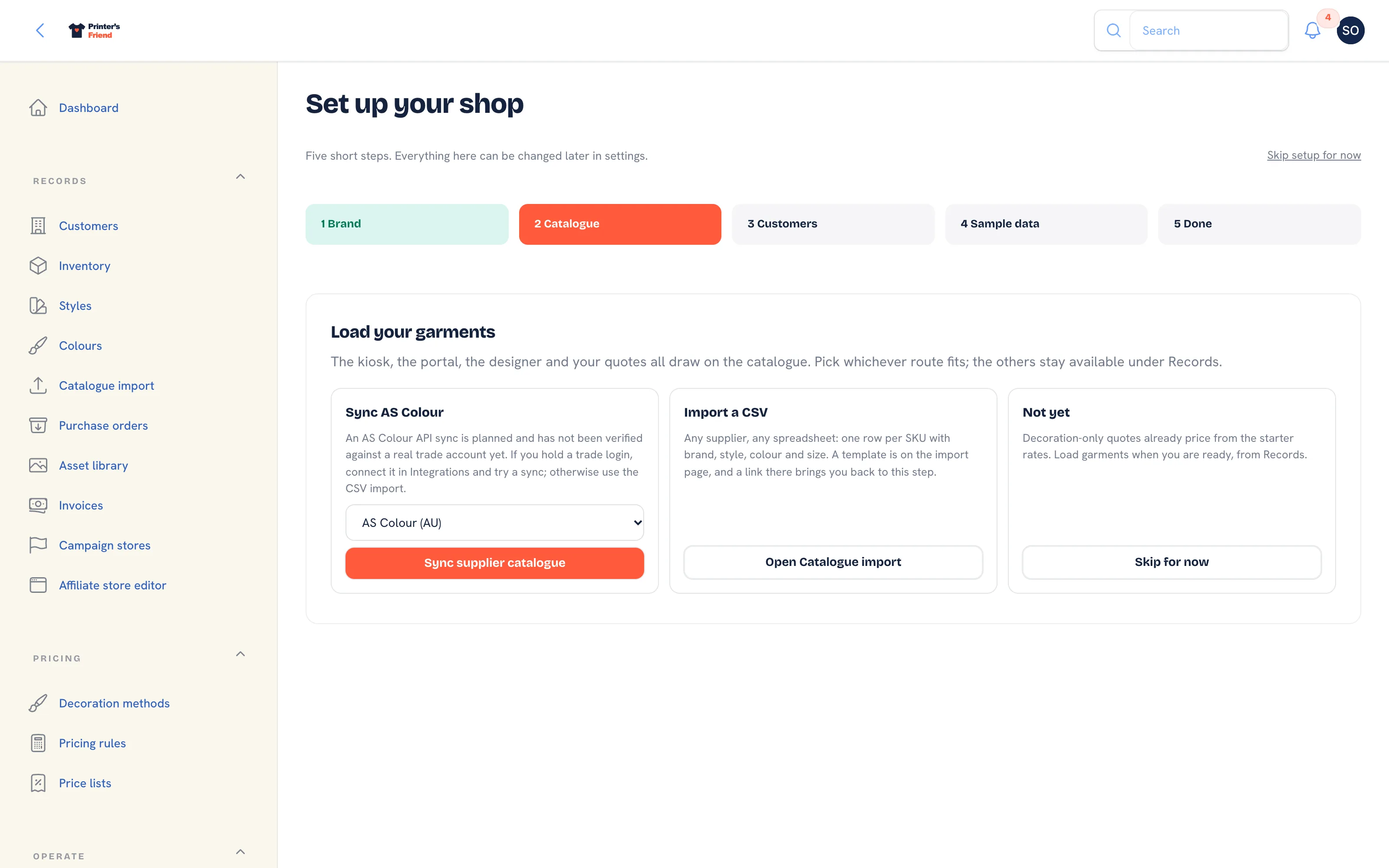 Setup wizard step 2 with the AS Colour sync, CSV import and skip cards