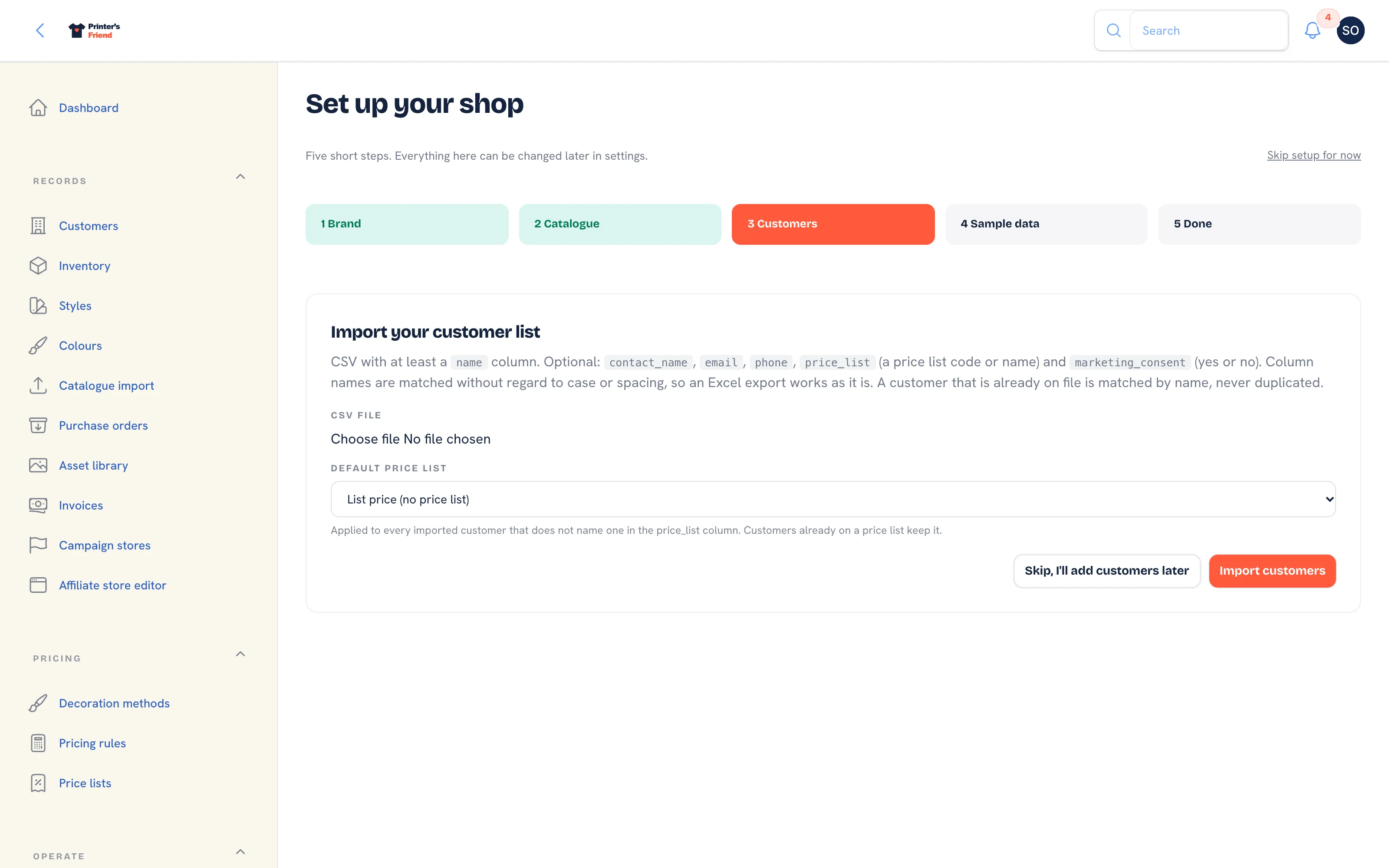 Setup wizard step 3 with the CSV file field and the default price list select