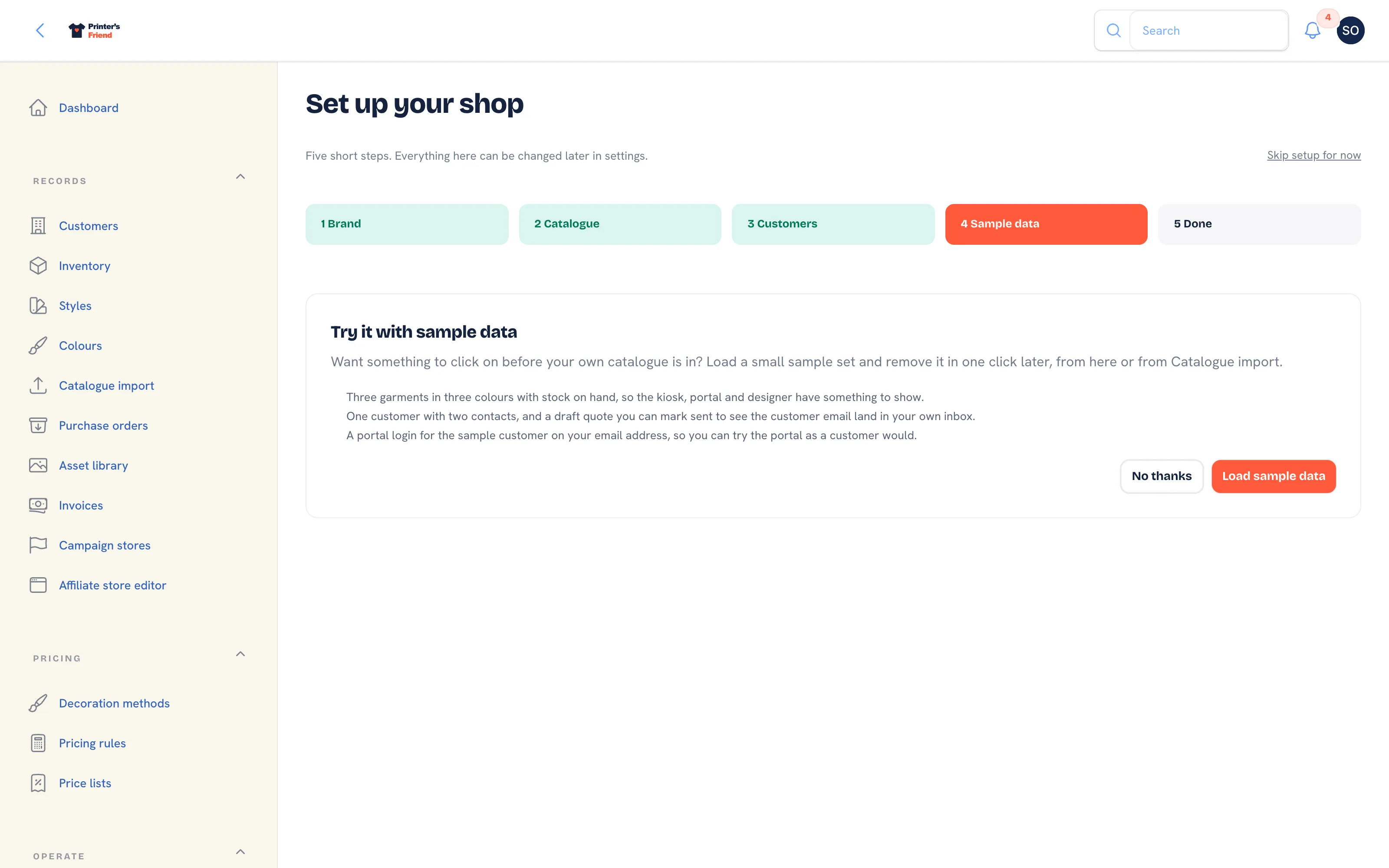 Setup wizard step 4 with the sample data description and the Load sample data button