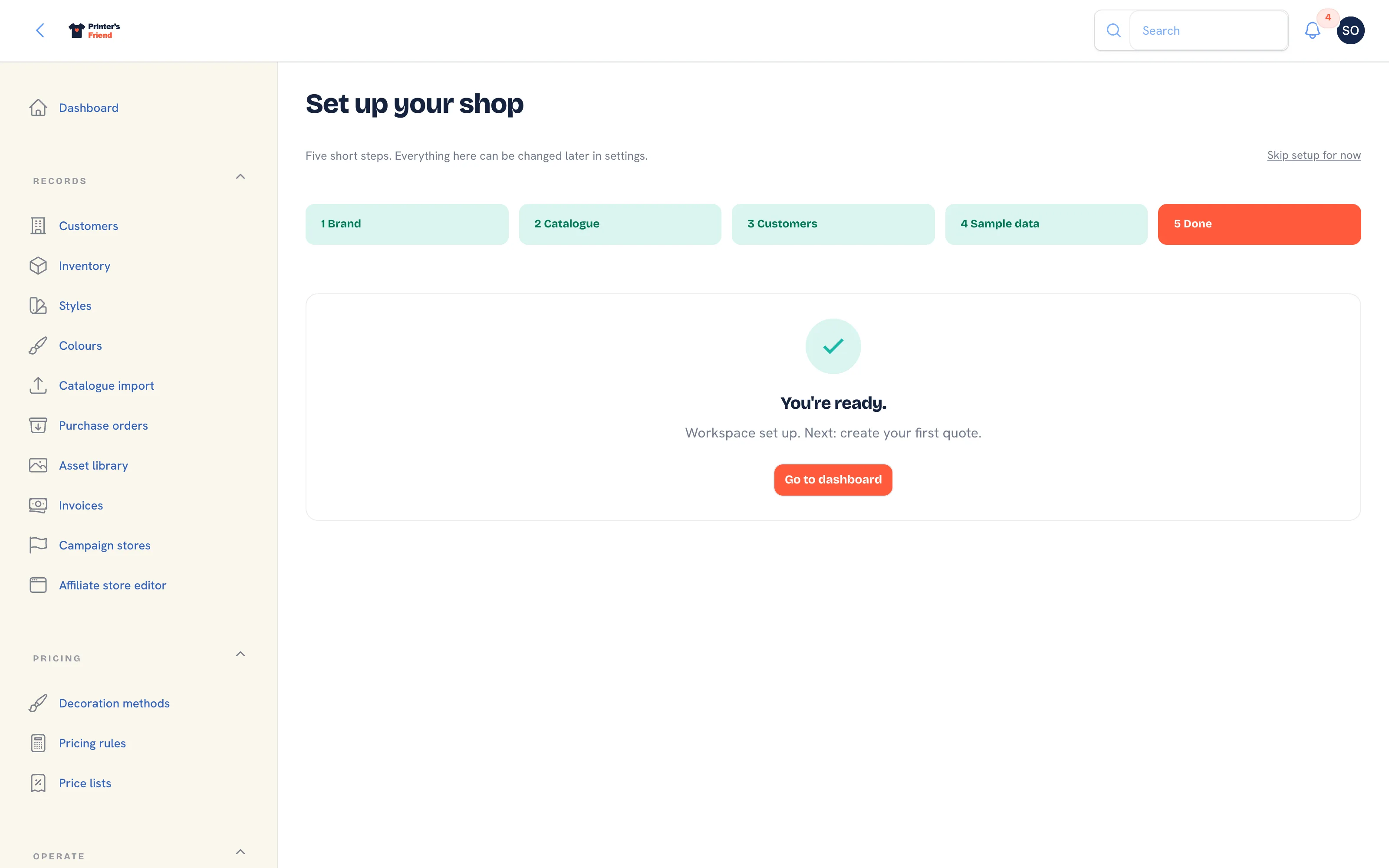 Setup wizard step 5 with the finished message and the Go to dashboard button