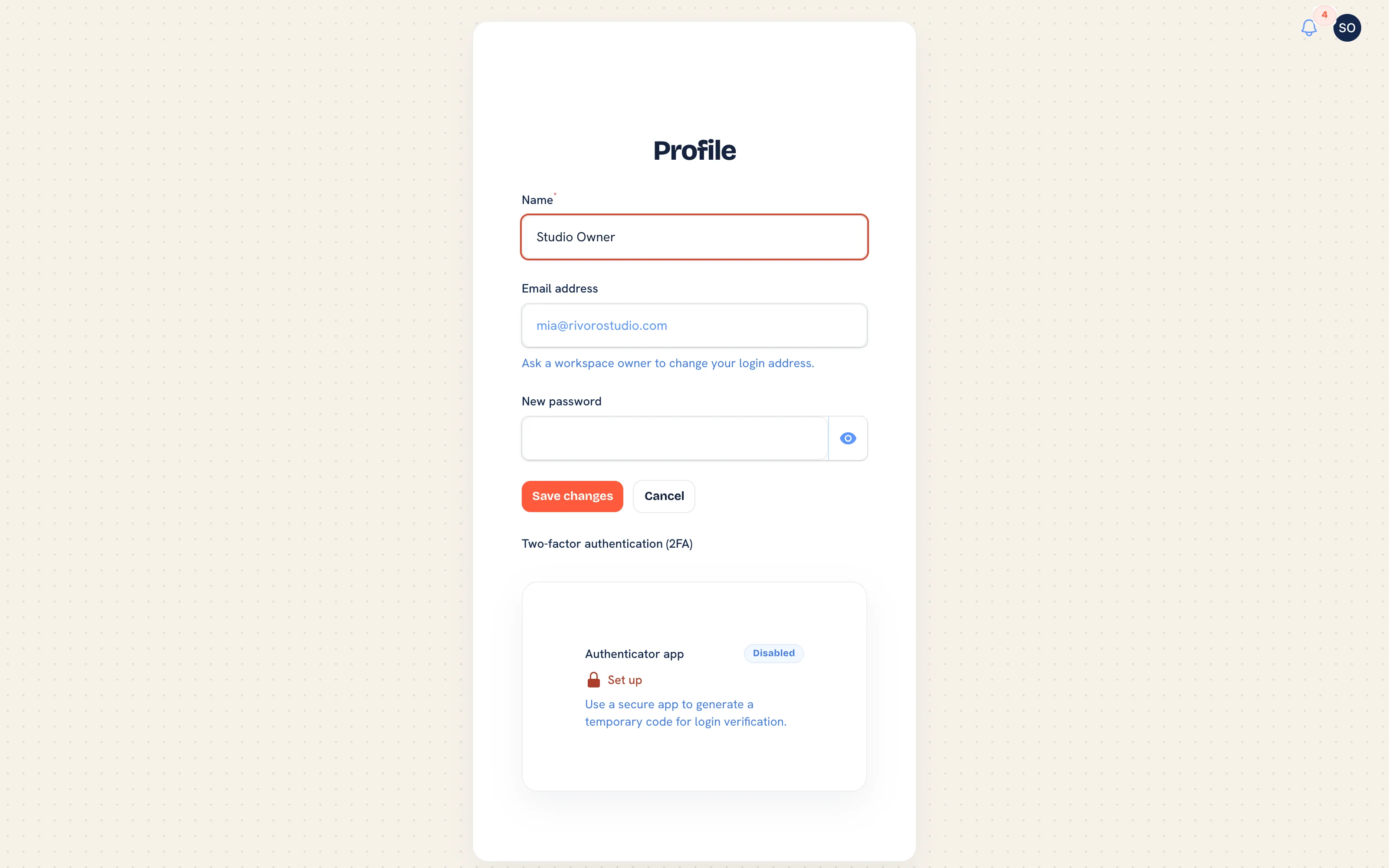 Your profile with name, password and the authenticator app section