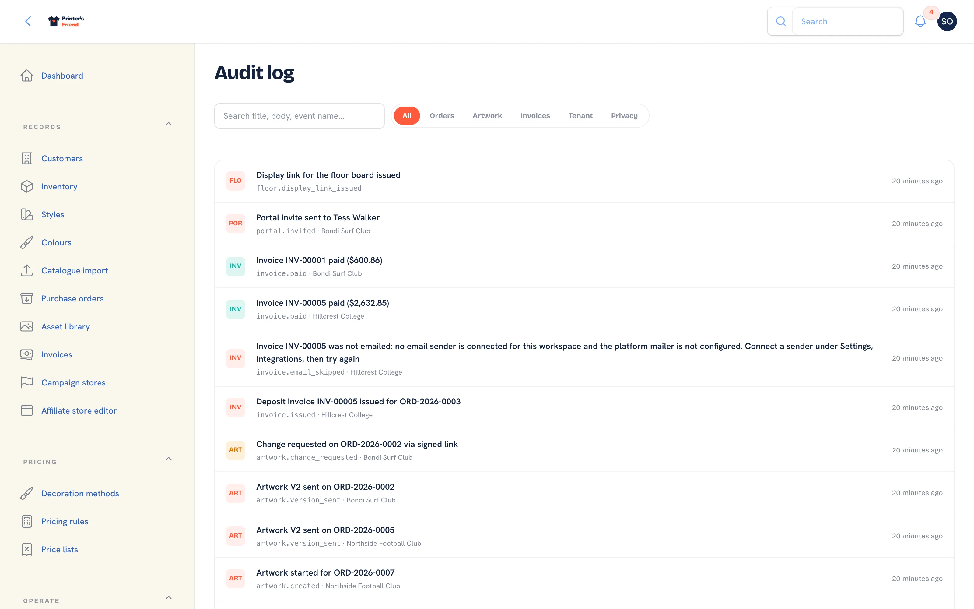 The audit log with the search box, filter tabs and a list of events with who did them and when