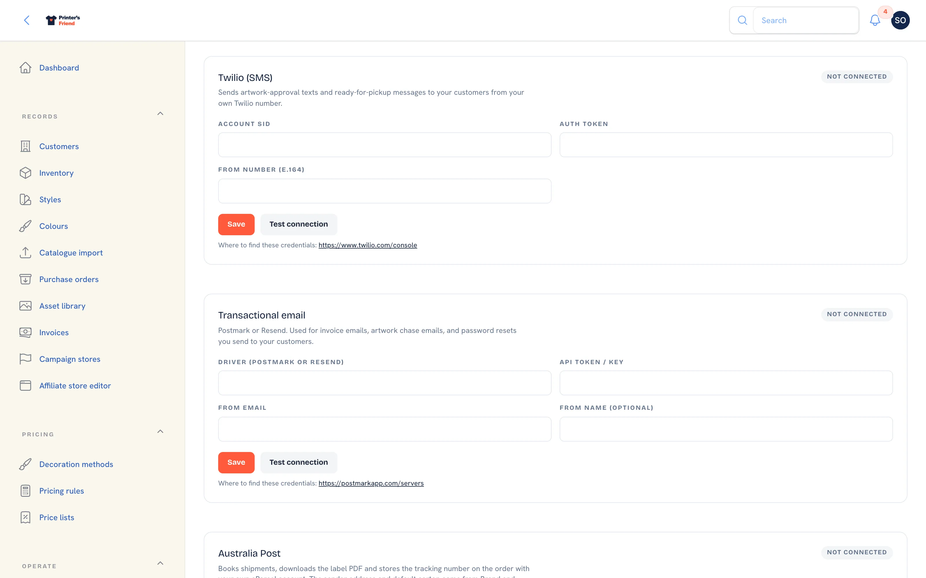 The Integrations page scrolled to the Accounting card, with the Australia Post and AS Colour cards above it
