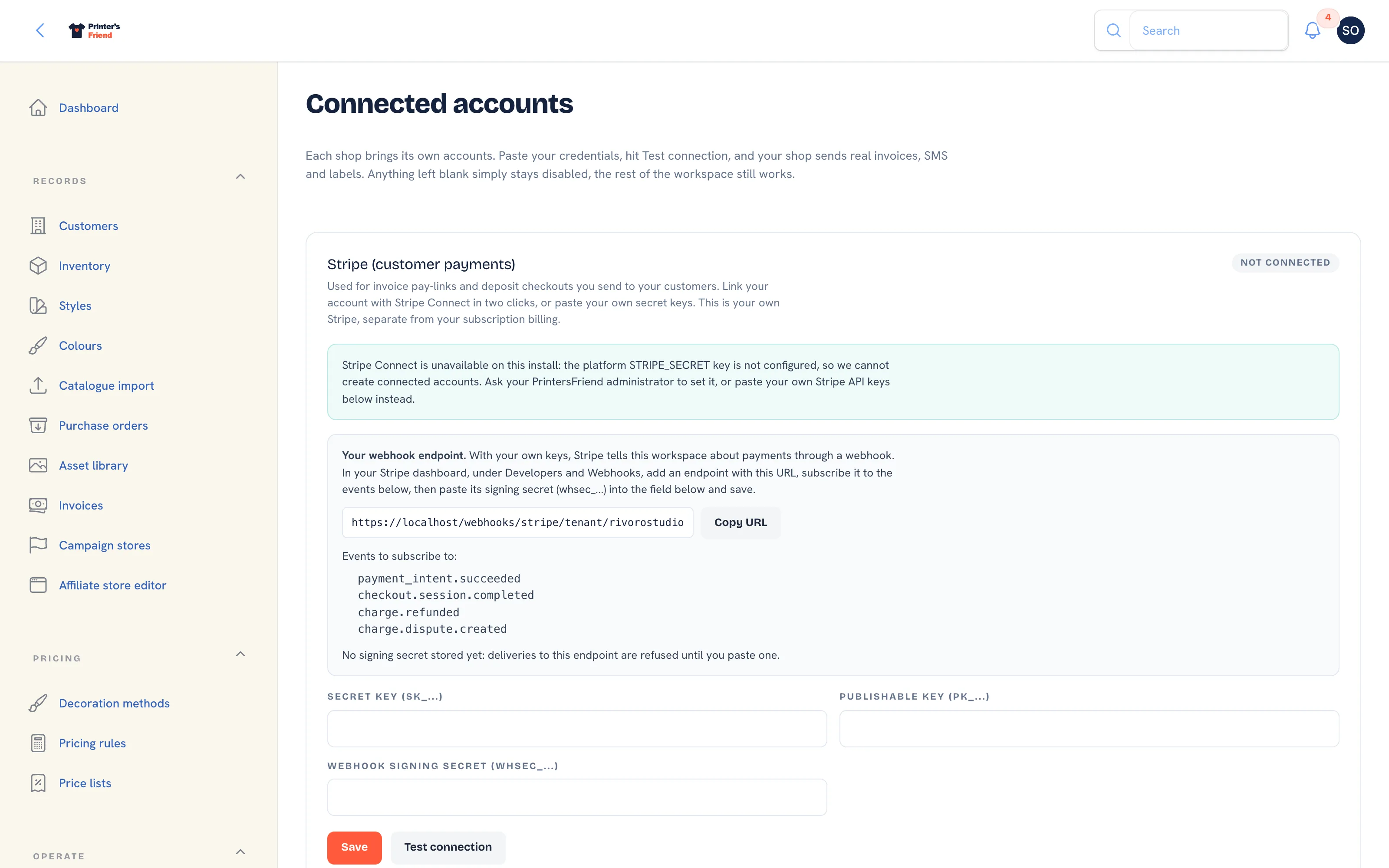 Connected accounts: Stripe, email, SMS, accounting, shipping and suppliers