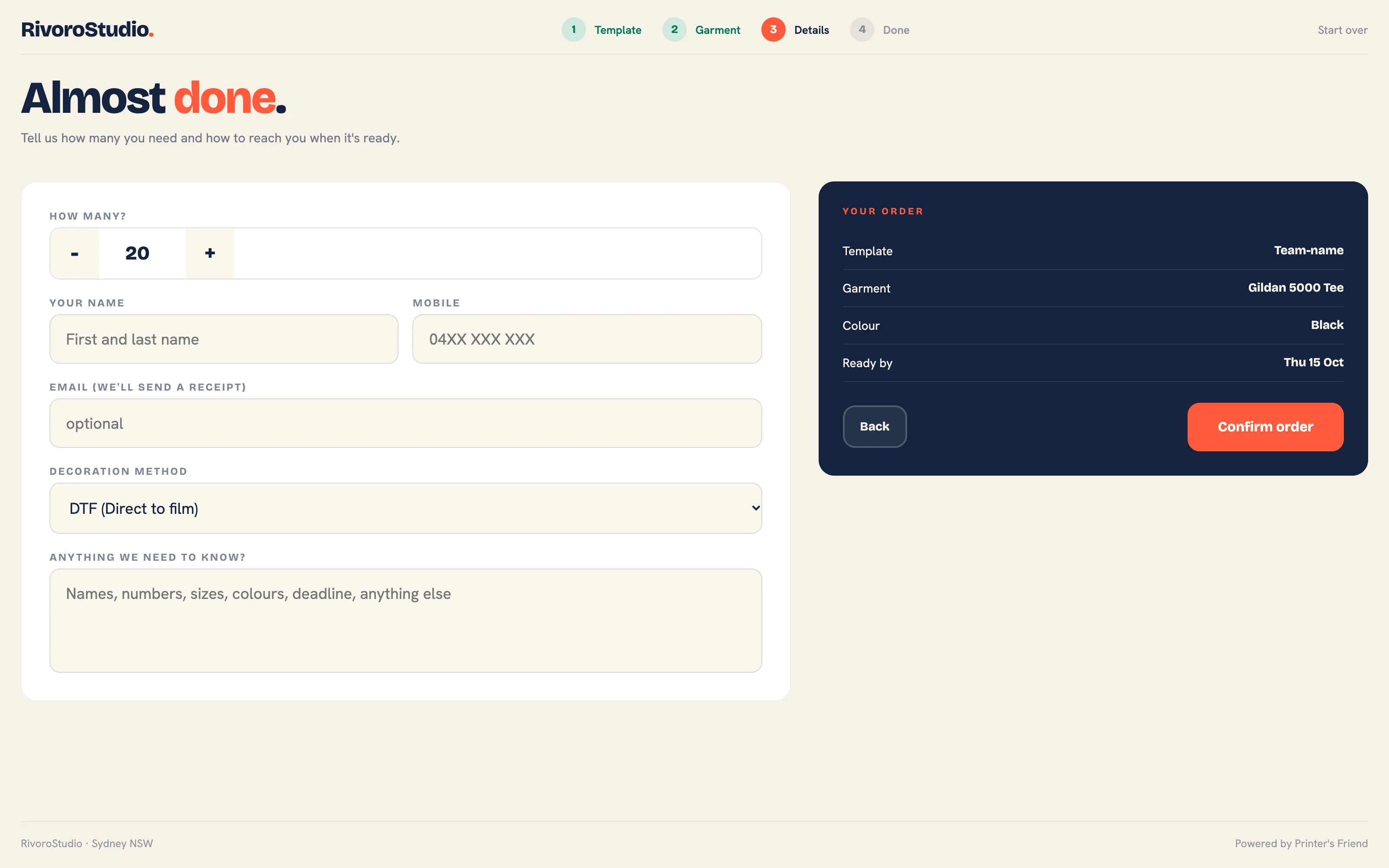 Kiosk step 3 with the quantity stepper, contact fields, decoration method and the order summary