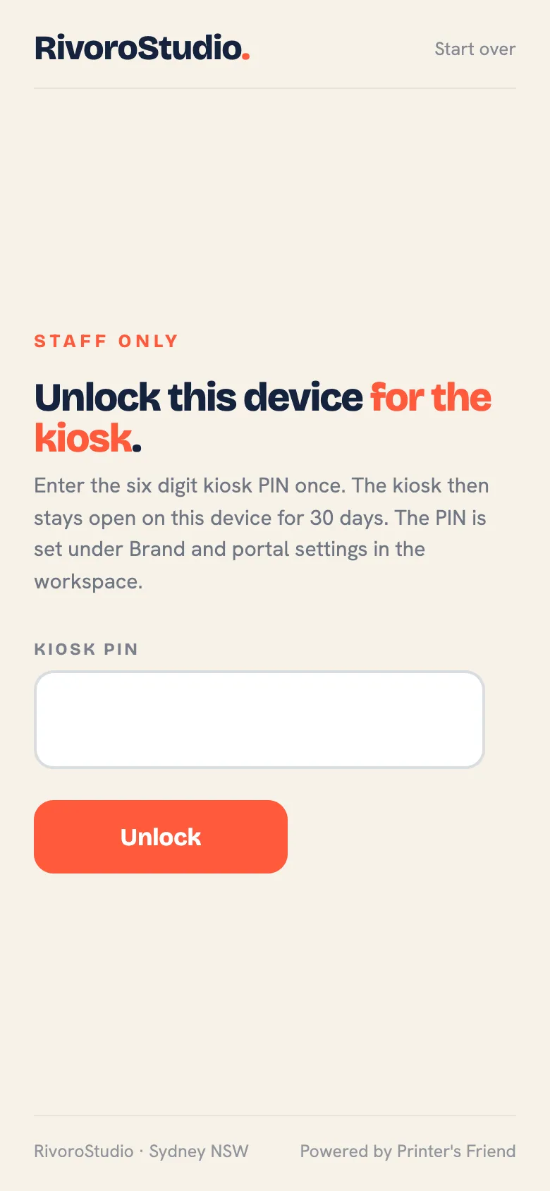 The kiosk unlock screen on a phone
