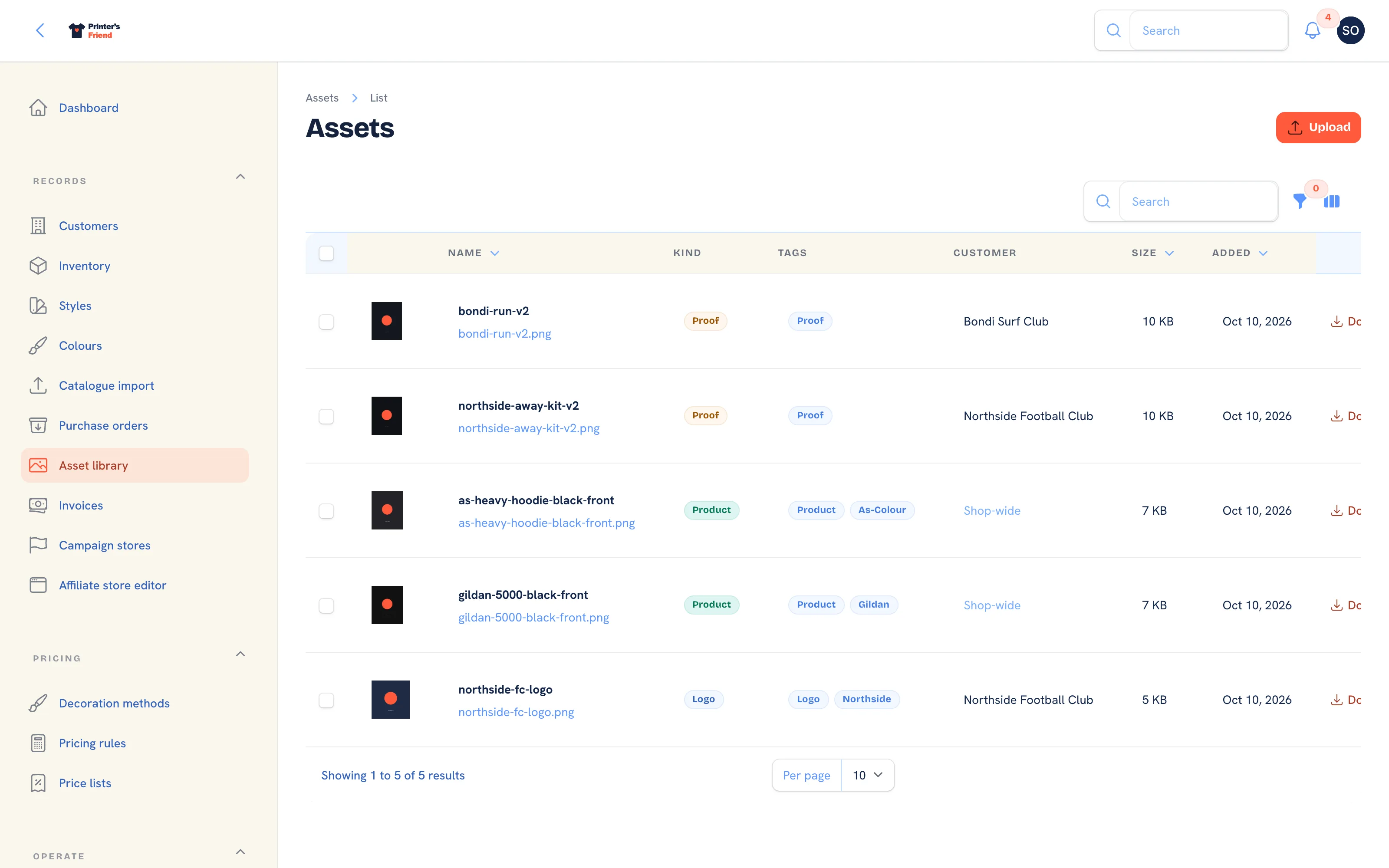 The asset library with thumbnails, kind badges, tags, customer and size