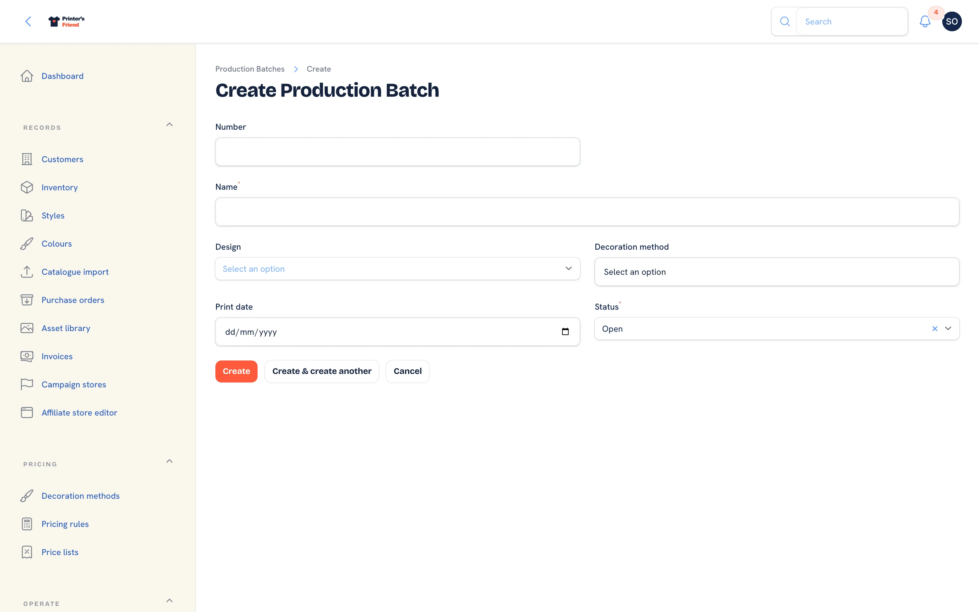 Creating a batch: name, design, decoration method, print date and status