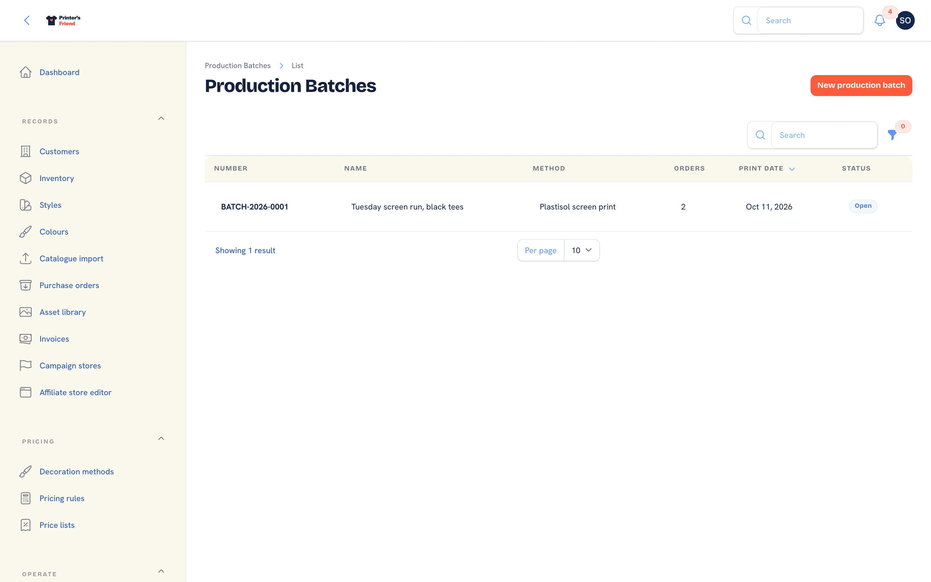 The batch production list with method, orders, print date and status