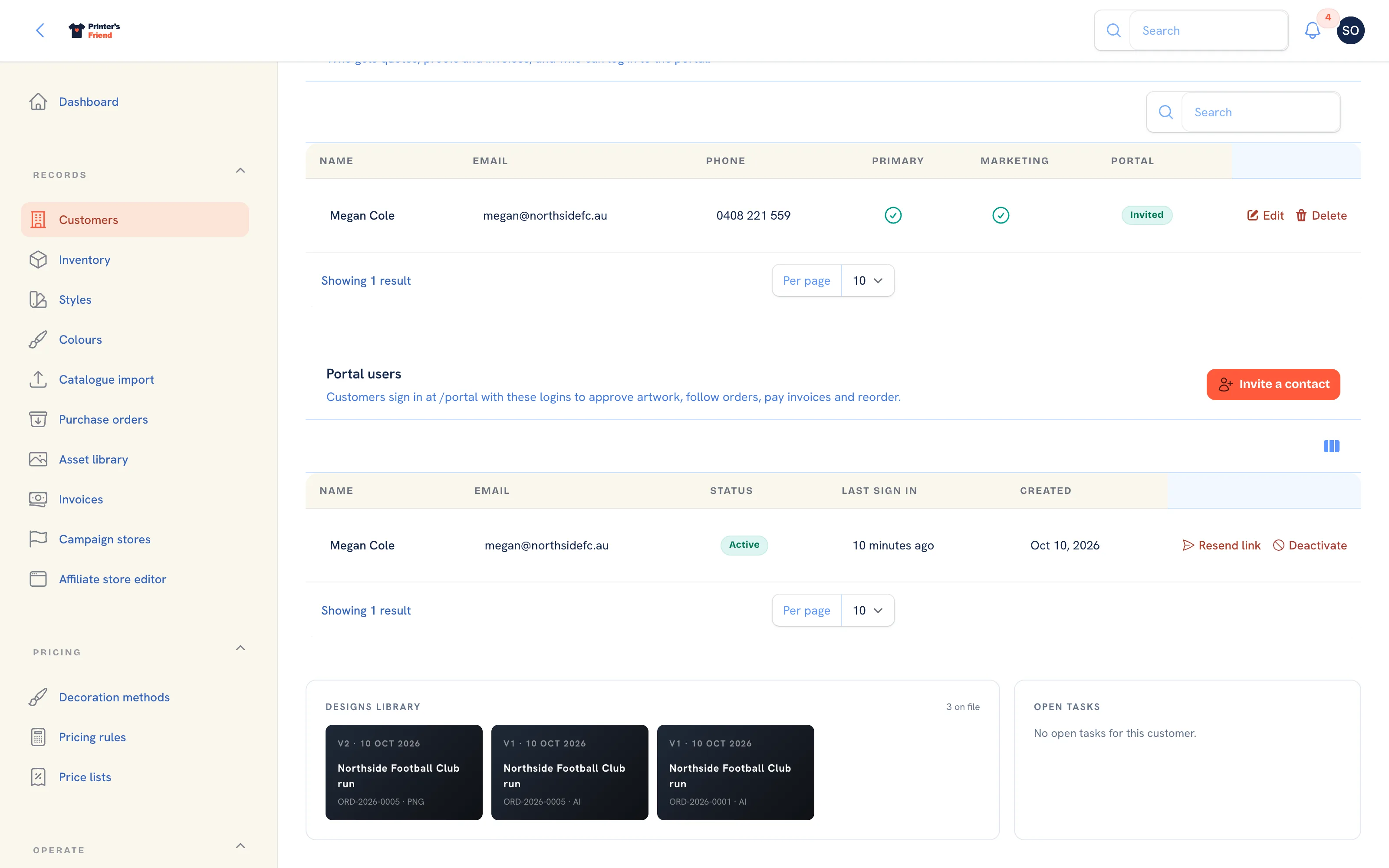 A customer scrolled to contacts, addresses and portal logins