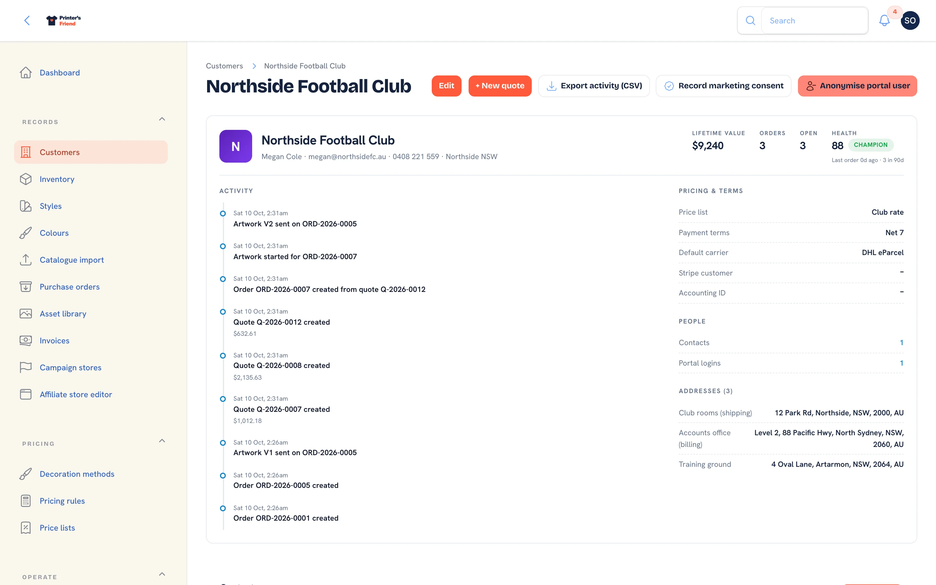 A customer with its contacts, addresses, portal users and history