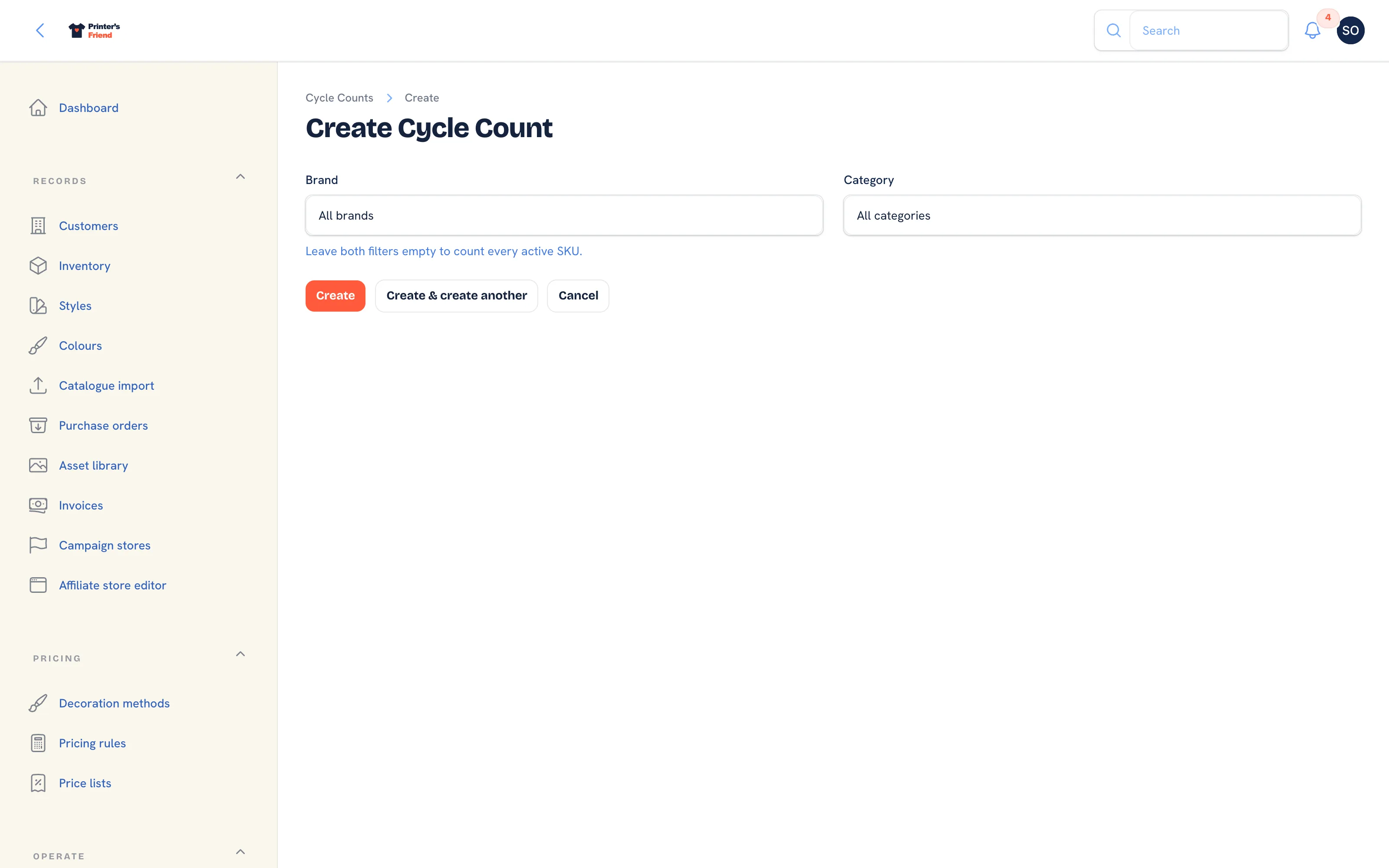 Starting a cycle count by brand or category