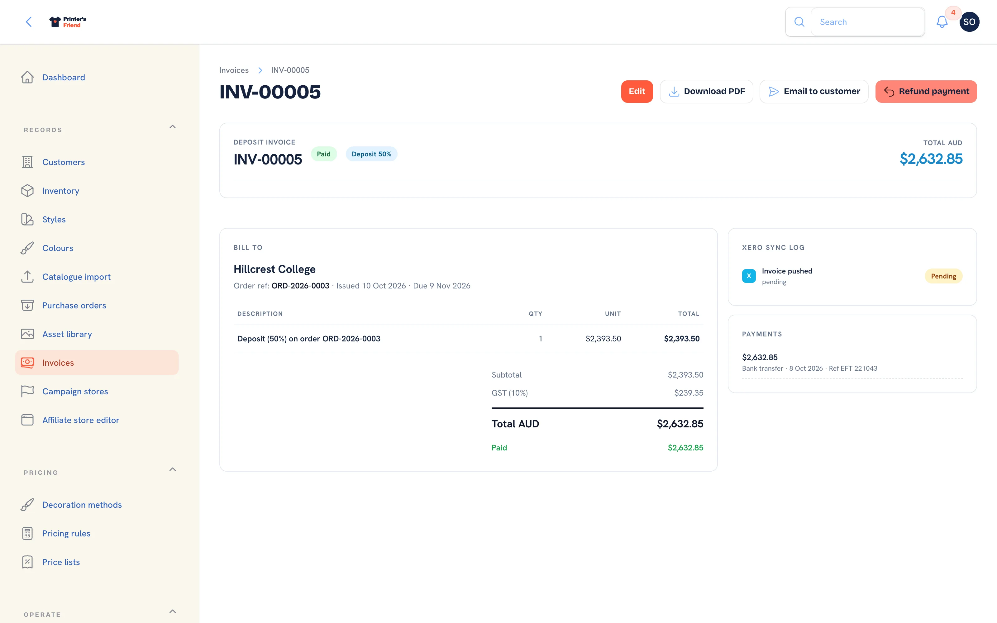 A paid deposit invoice