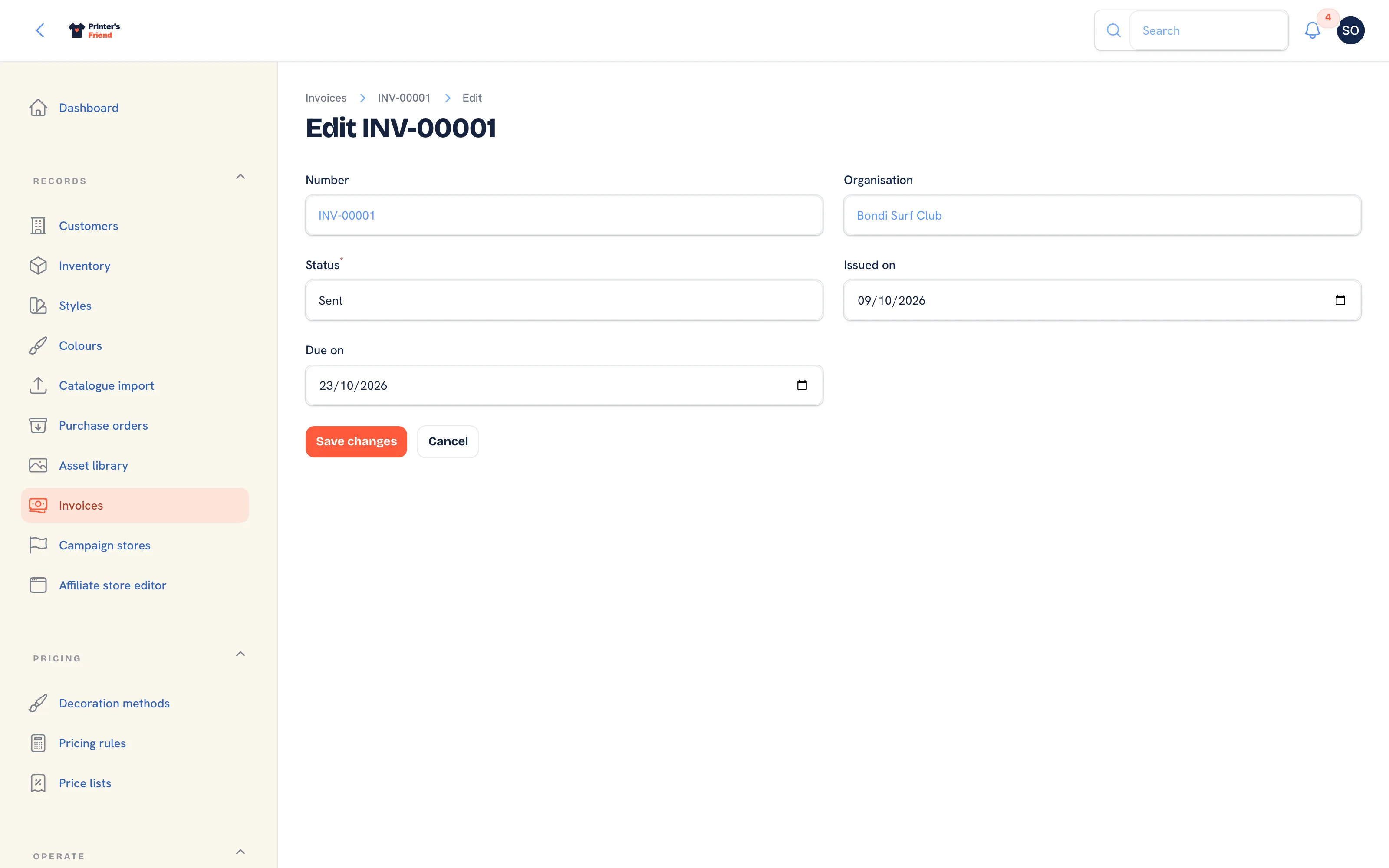Editing an invoice: status, issued on and due on