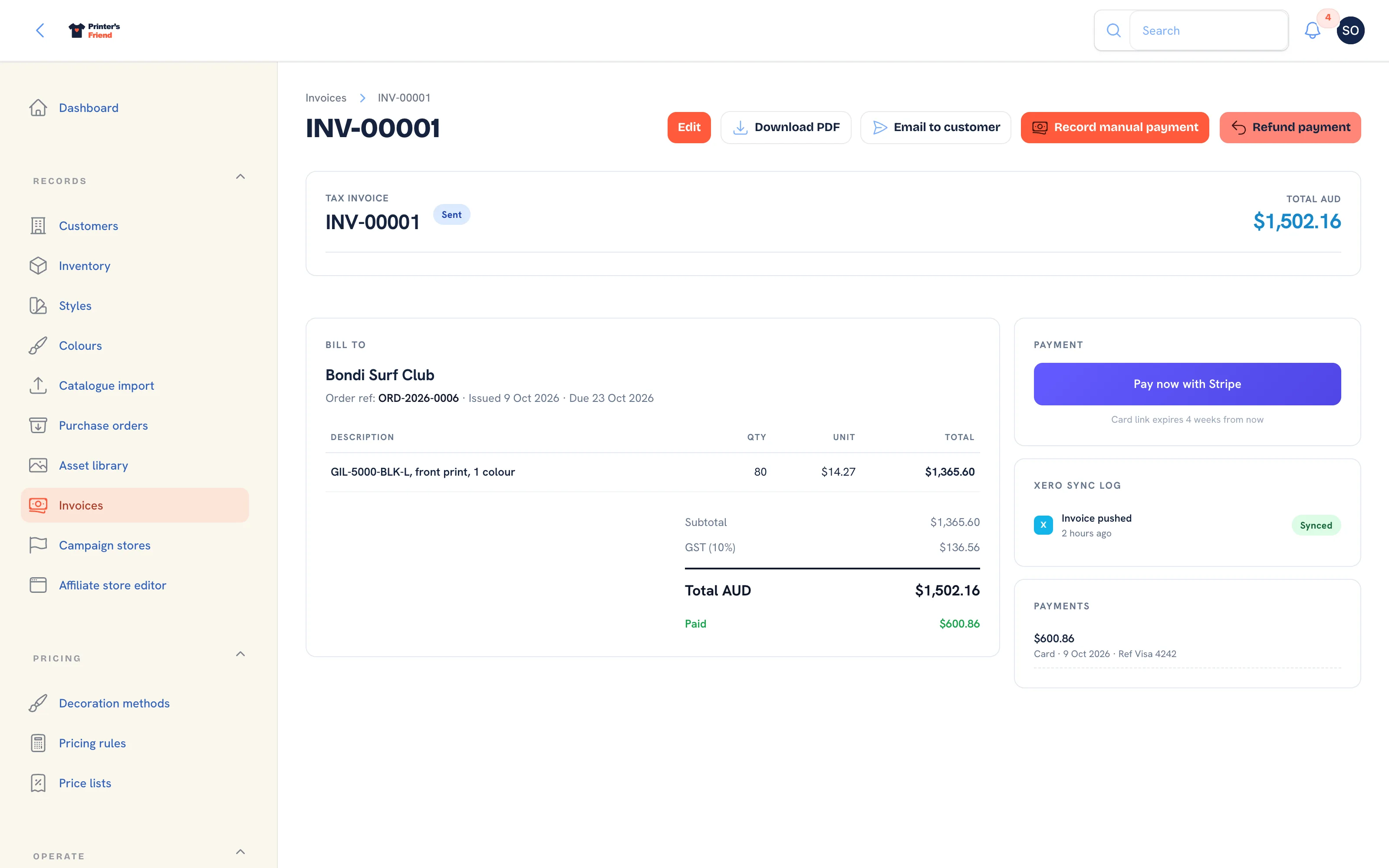 A sent invoice with a part payment recorded