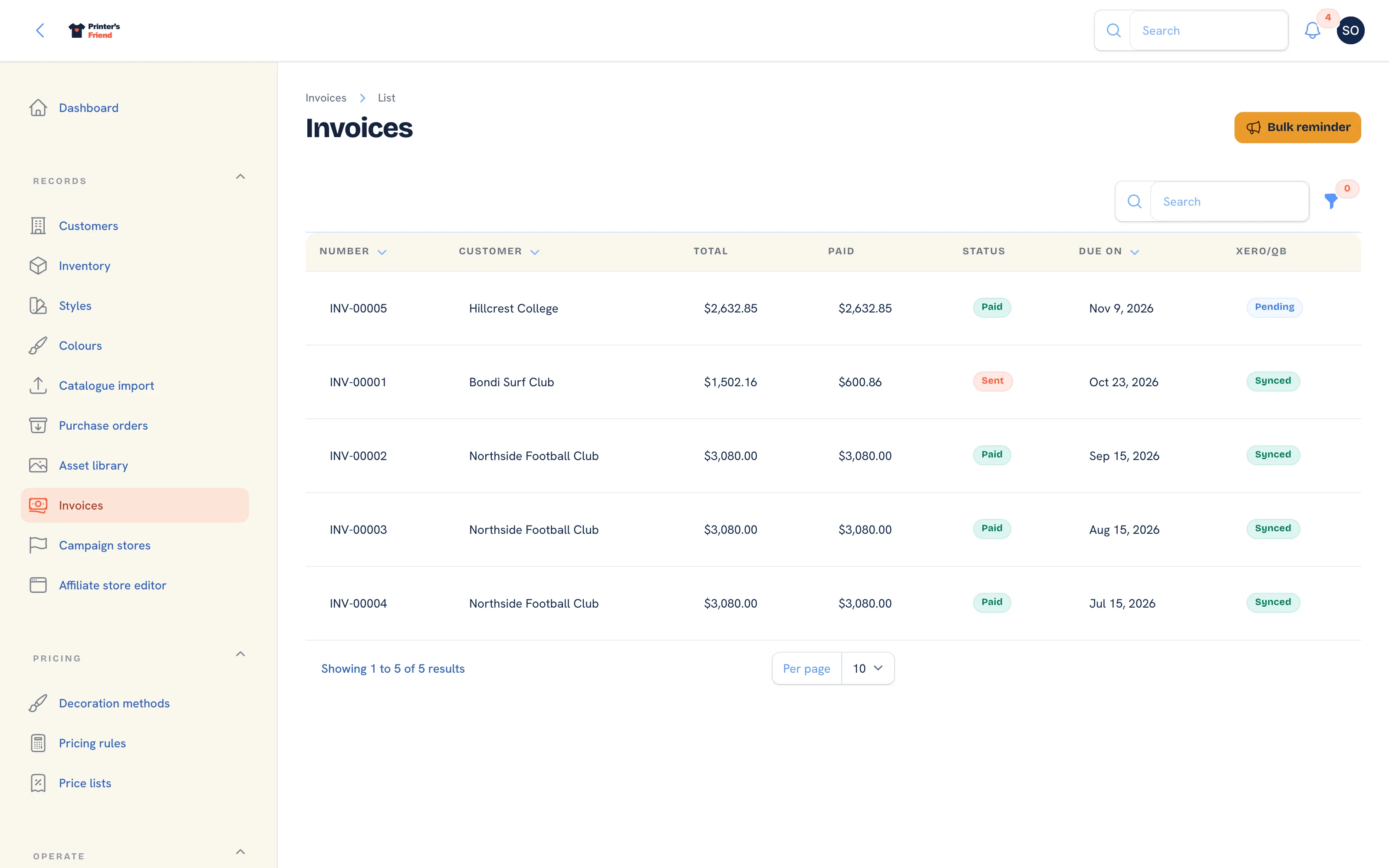 The invoices list with total, amount paid, status and due date
