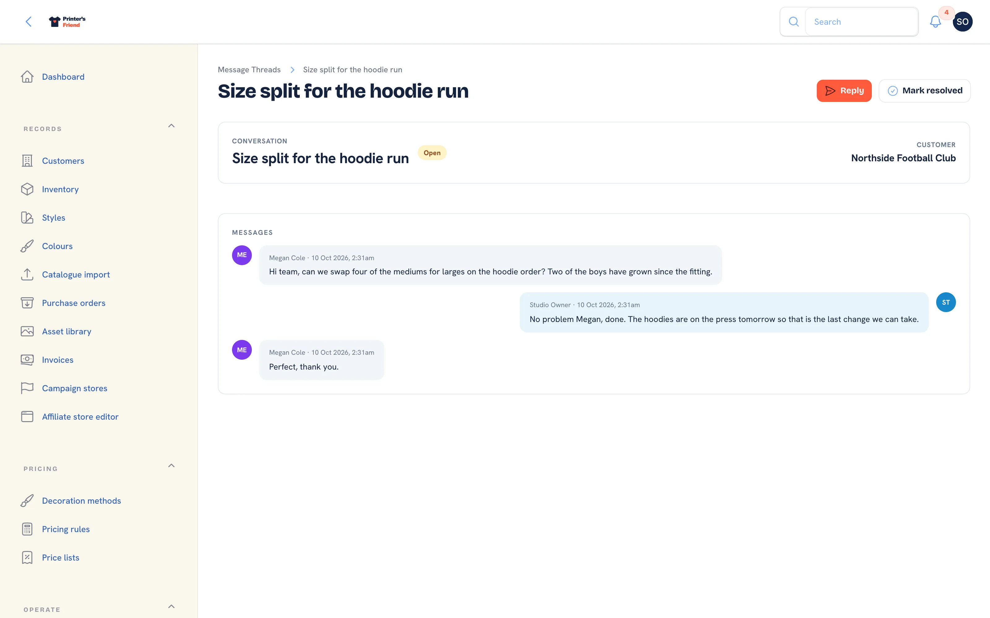 A message thread with the customer, with the reply and resolve actions in the header