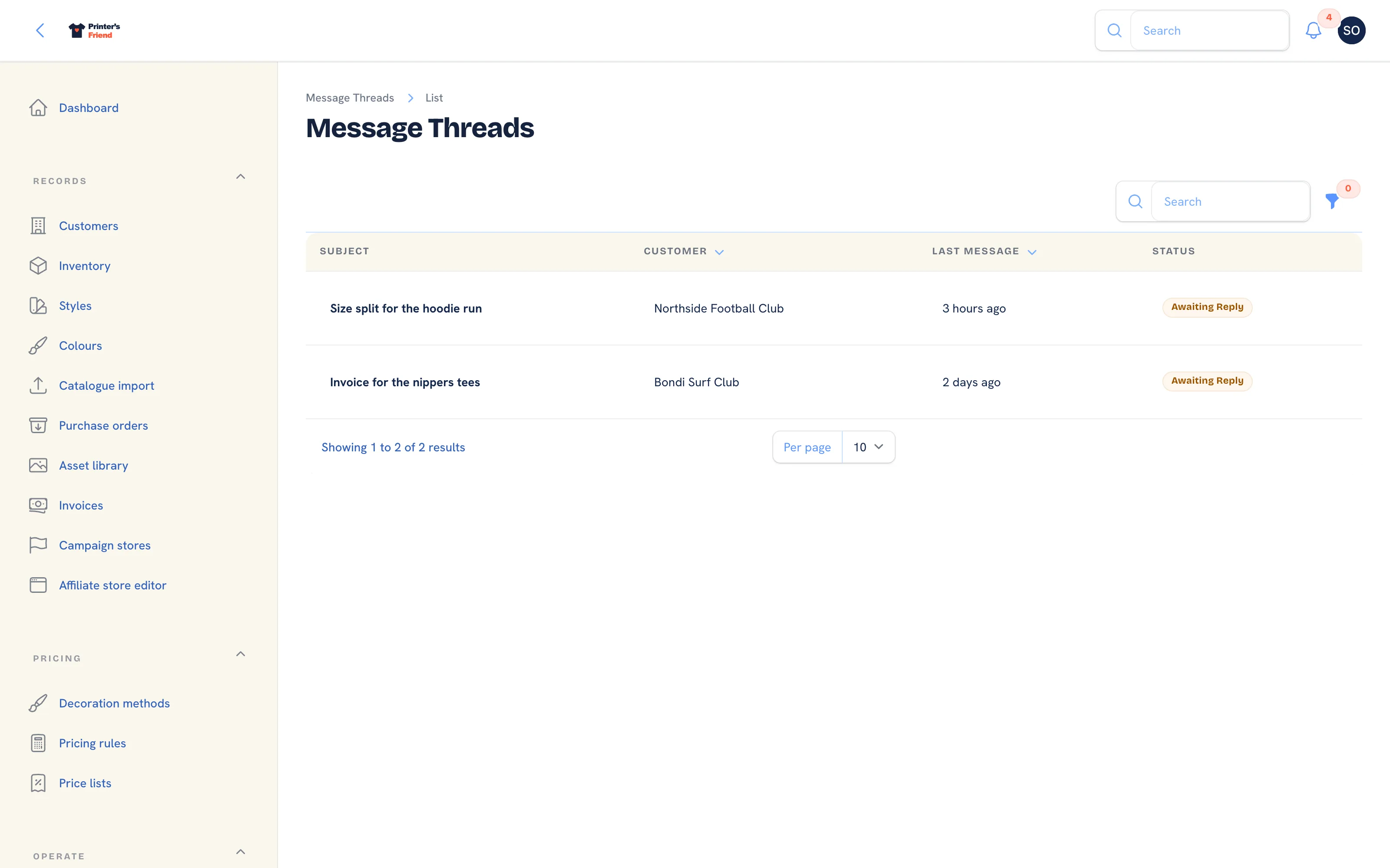 The message threads list with subject, customer, last message and status