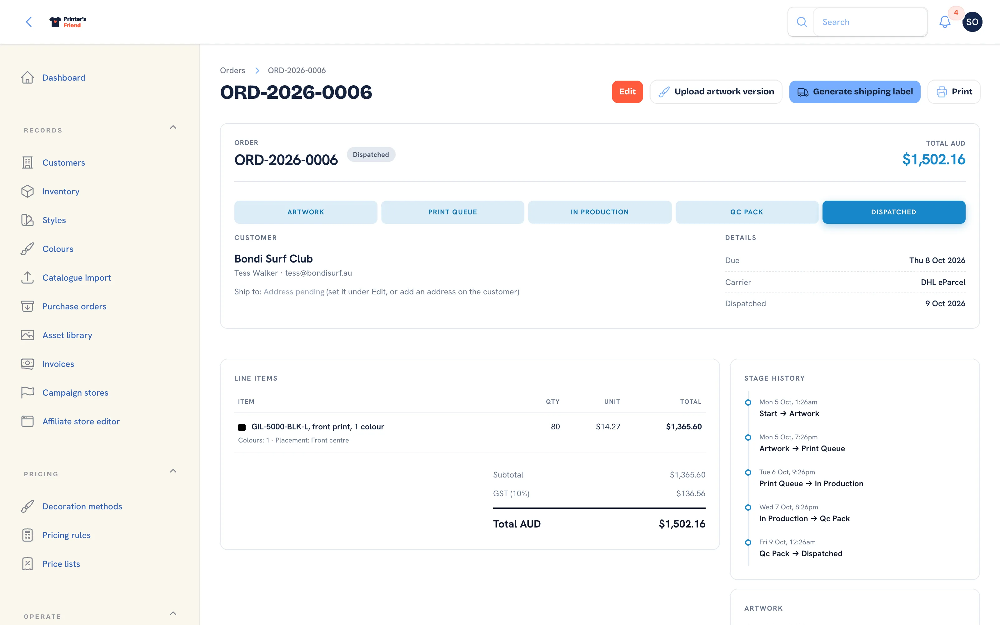 A dispatched order with its invoice listed