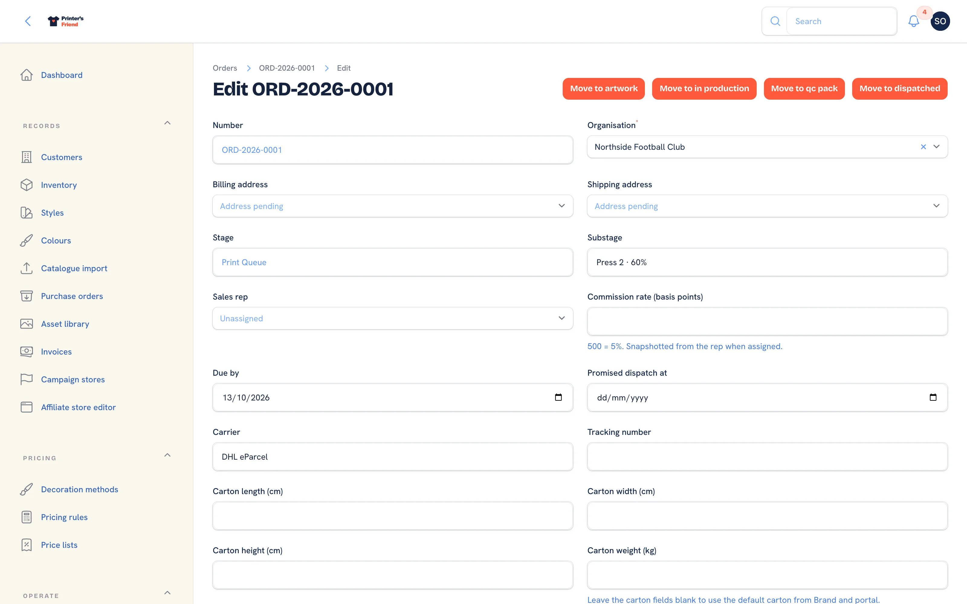 Editing an order: addresses, substage, sales rep and commission, dates, carrier and carton