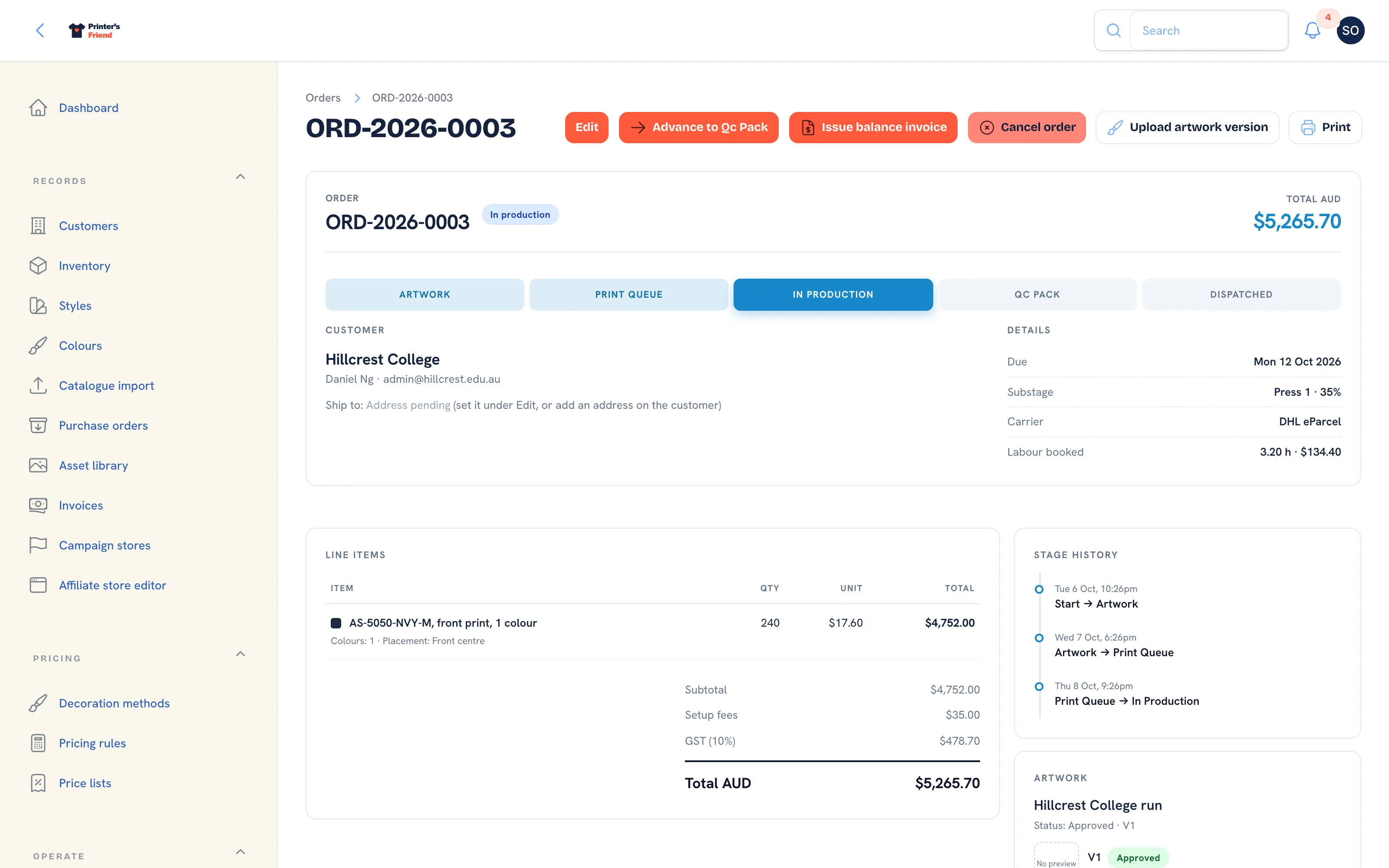 An order in production with time booked against it