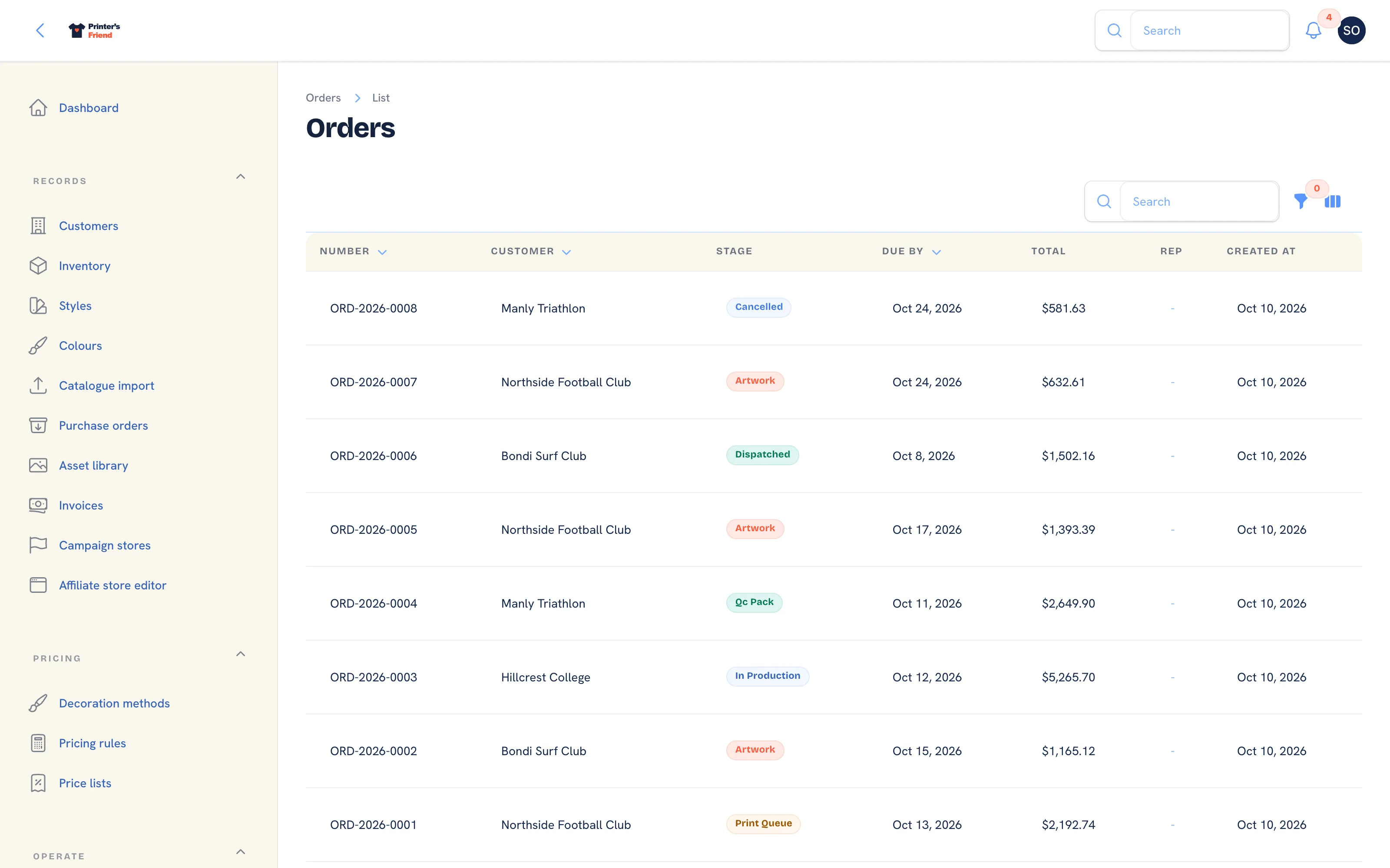 The orders list with number, customer, stage badge, due date, total and rep