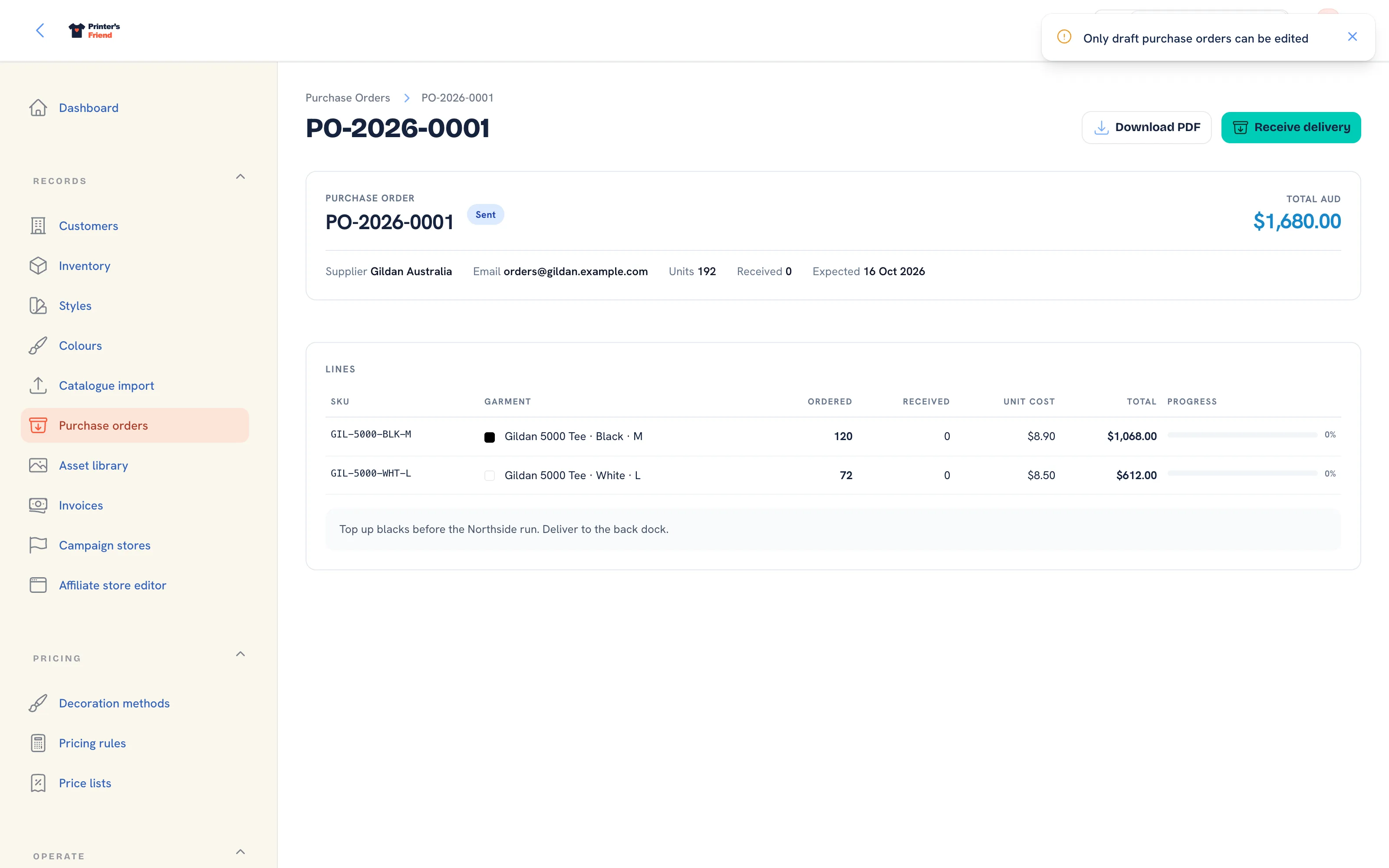 Editing a draft purchase order