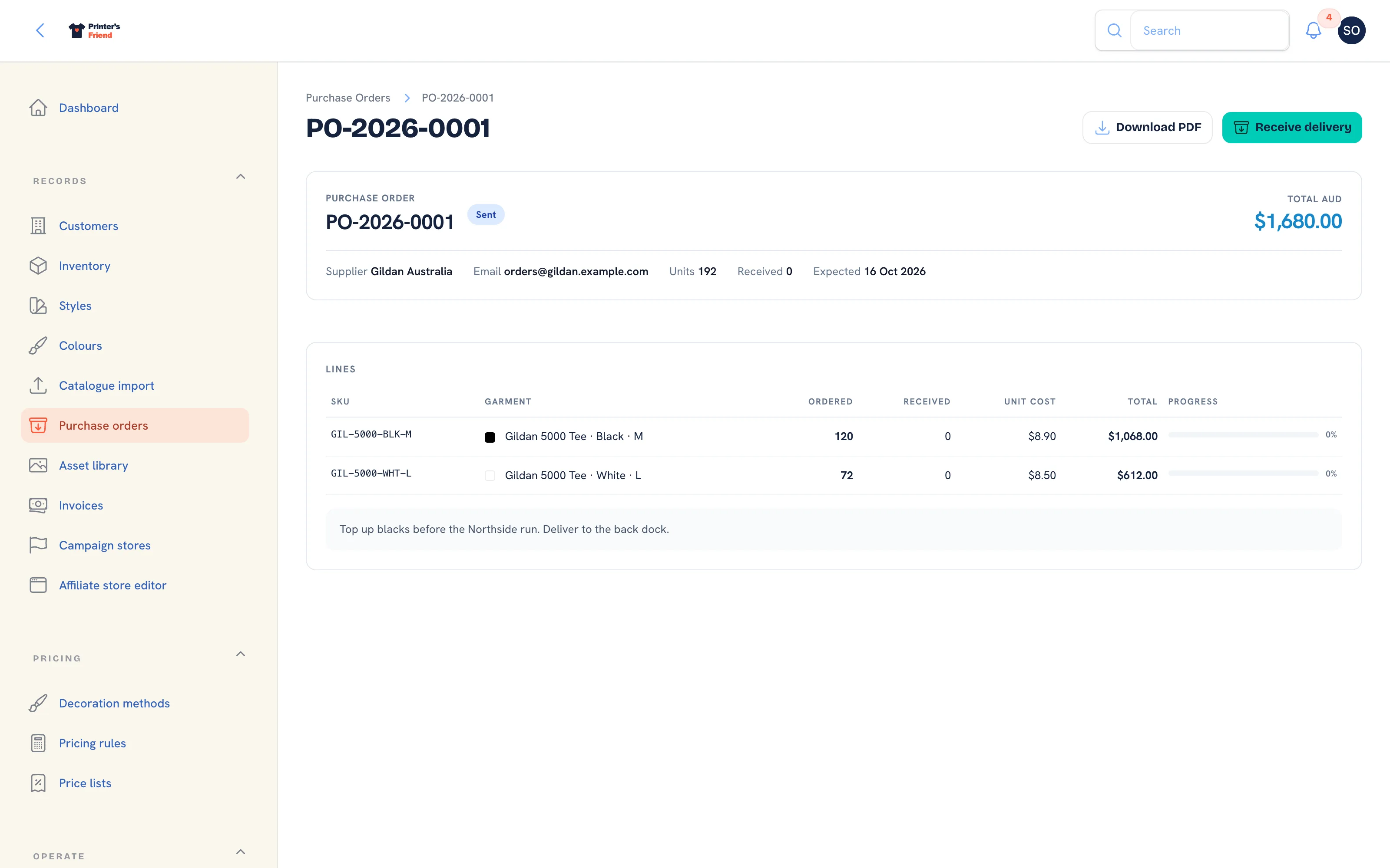 A sent purchase order awaiting delivery
