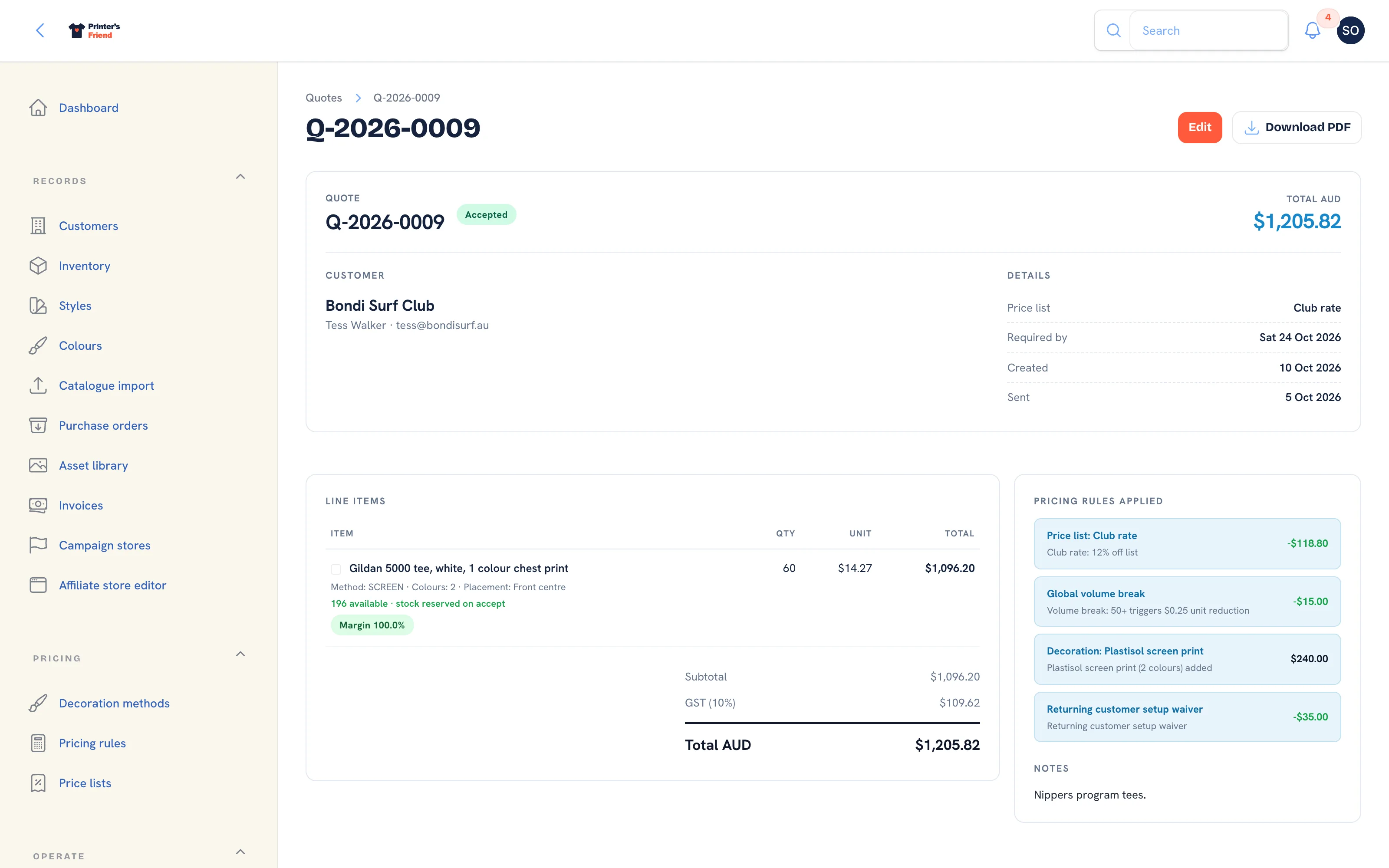 An accepted quote with the Accepted status pill, its lines, totals and the pricing rules applied