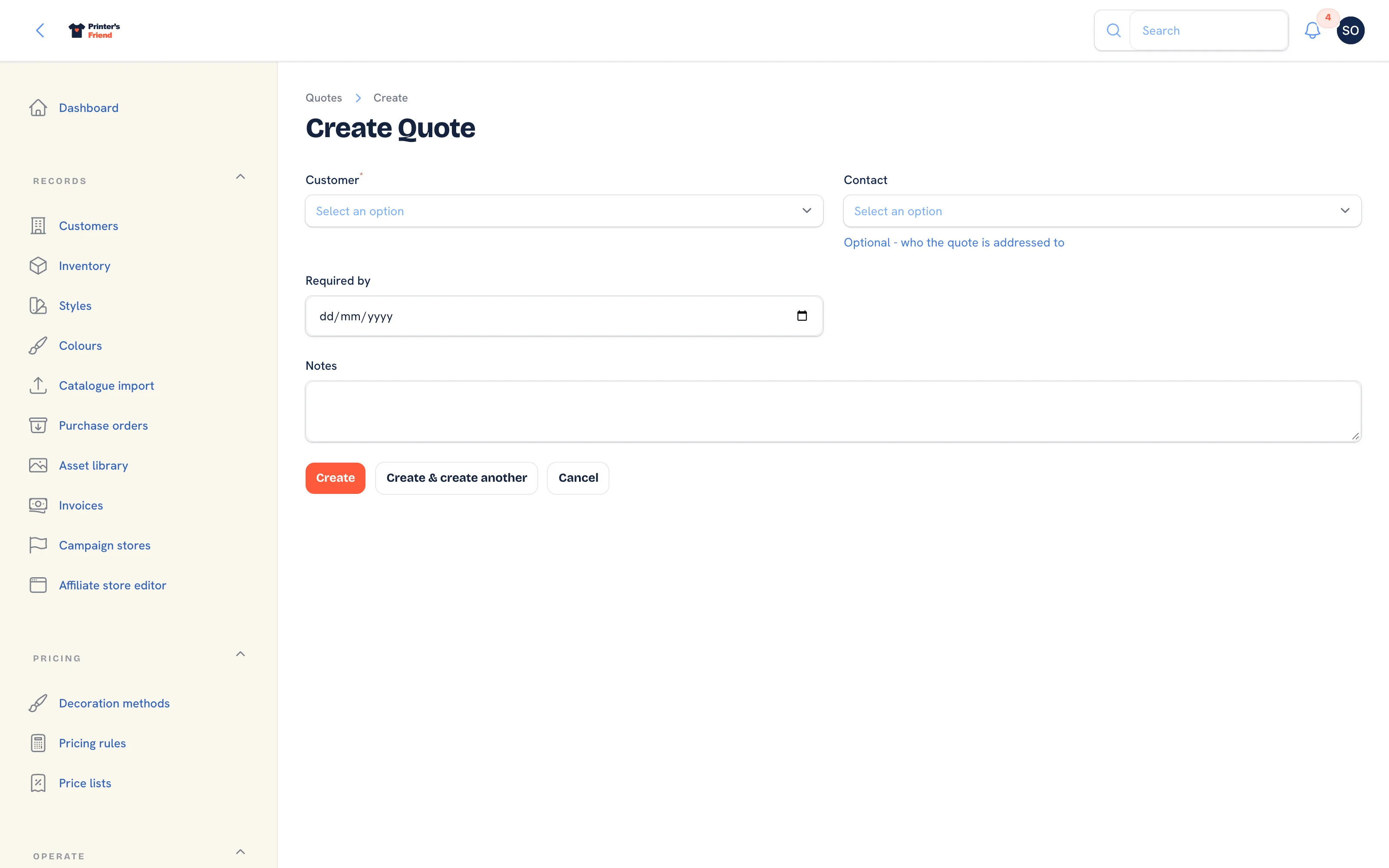 The new quote form with the customer, contact, required-by date and notes