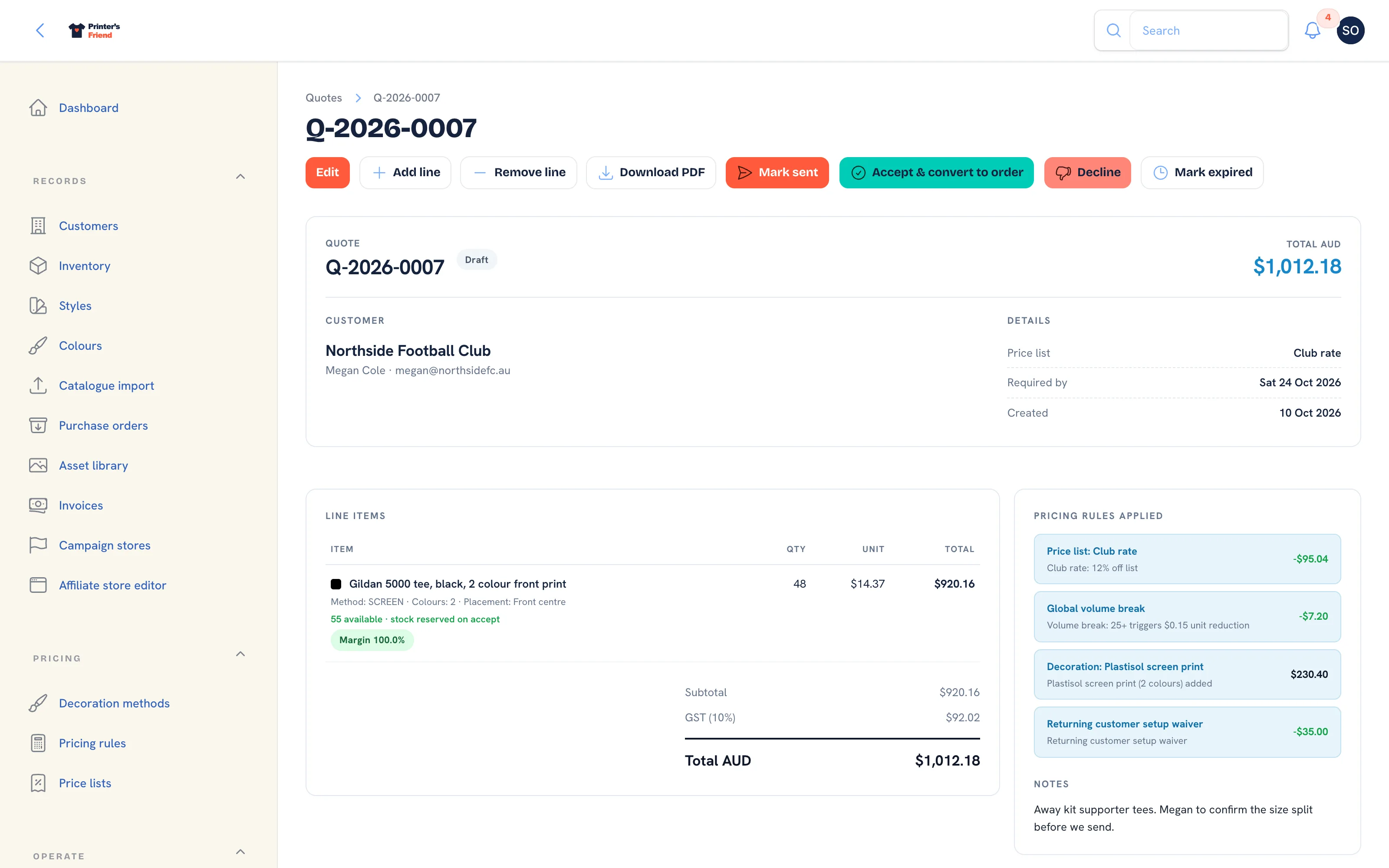 A draft quote with its line items, totals and the pricing rules panel
