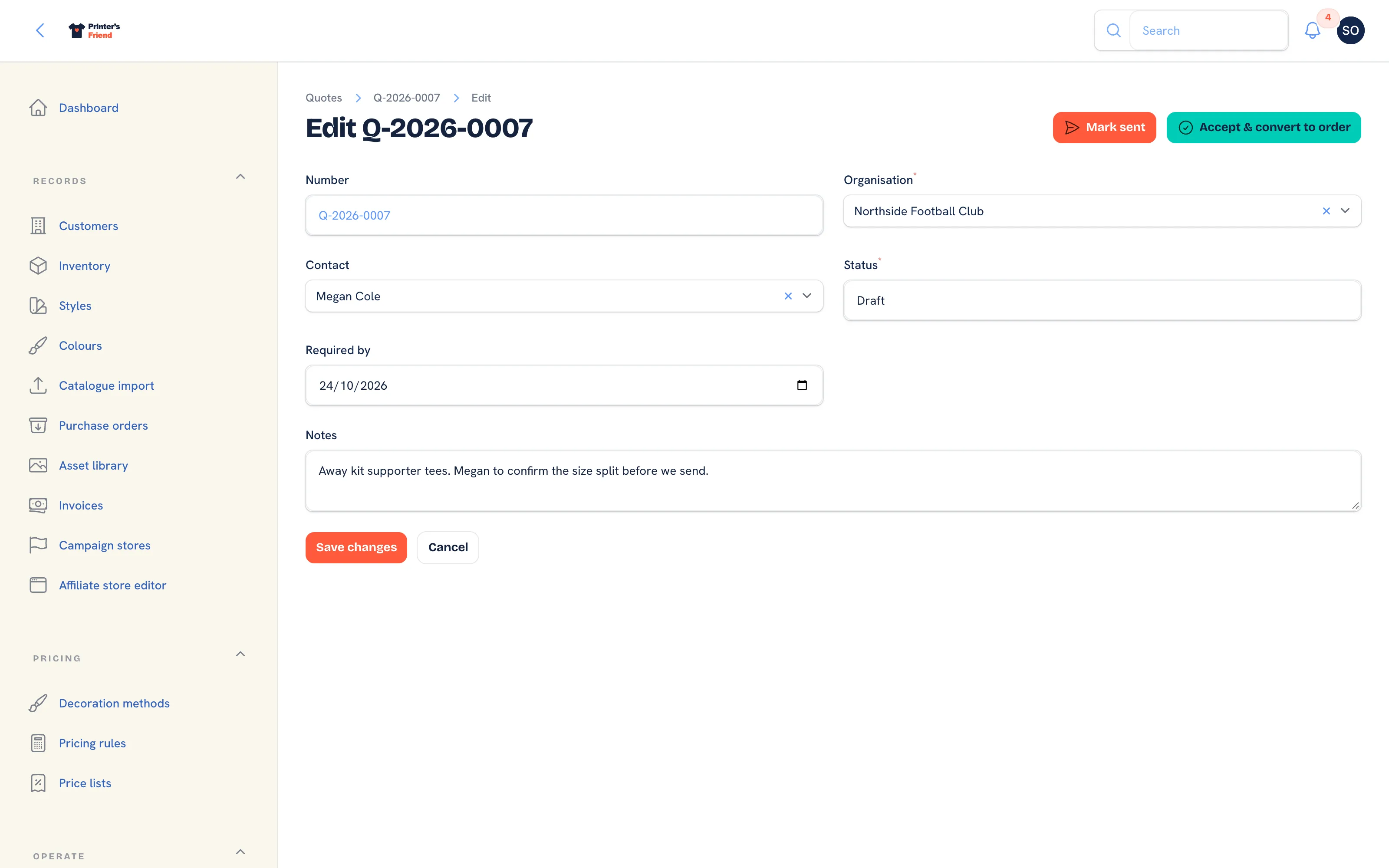 Editing a quote: contact, status, required-by date and notes
