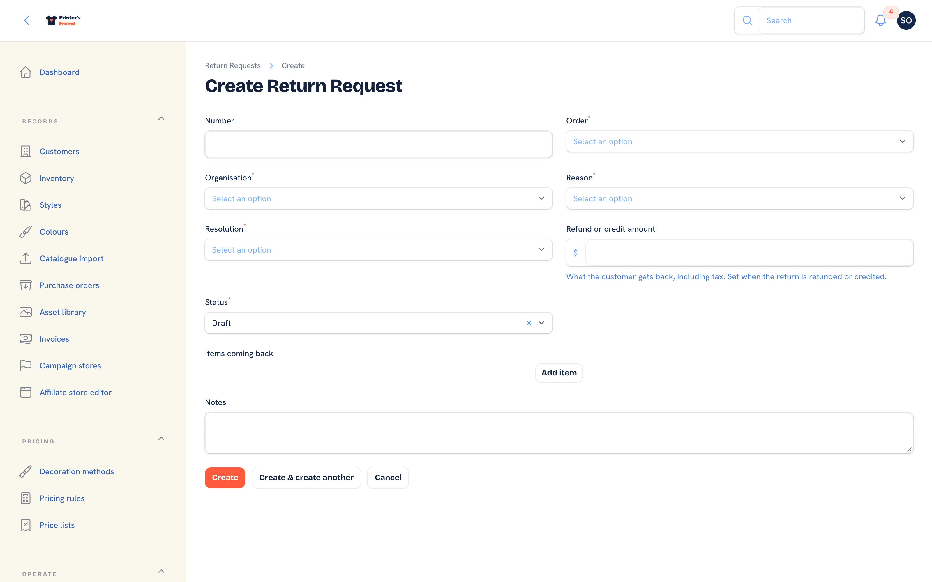 The new return form: order, customer, reason, resolution, amount, status and the items coming back