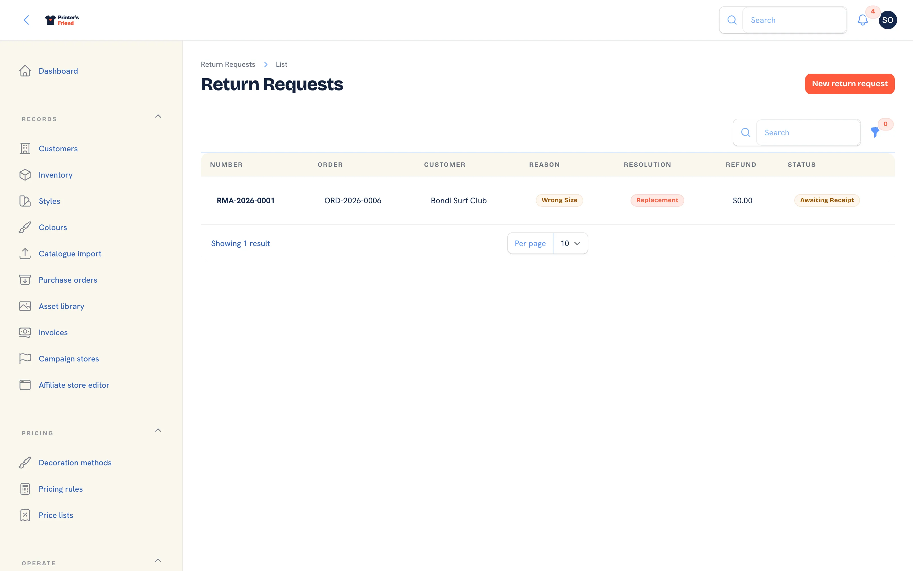 The returns list with order, customer, reason, resolution, refund amount and status