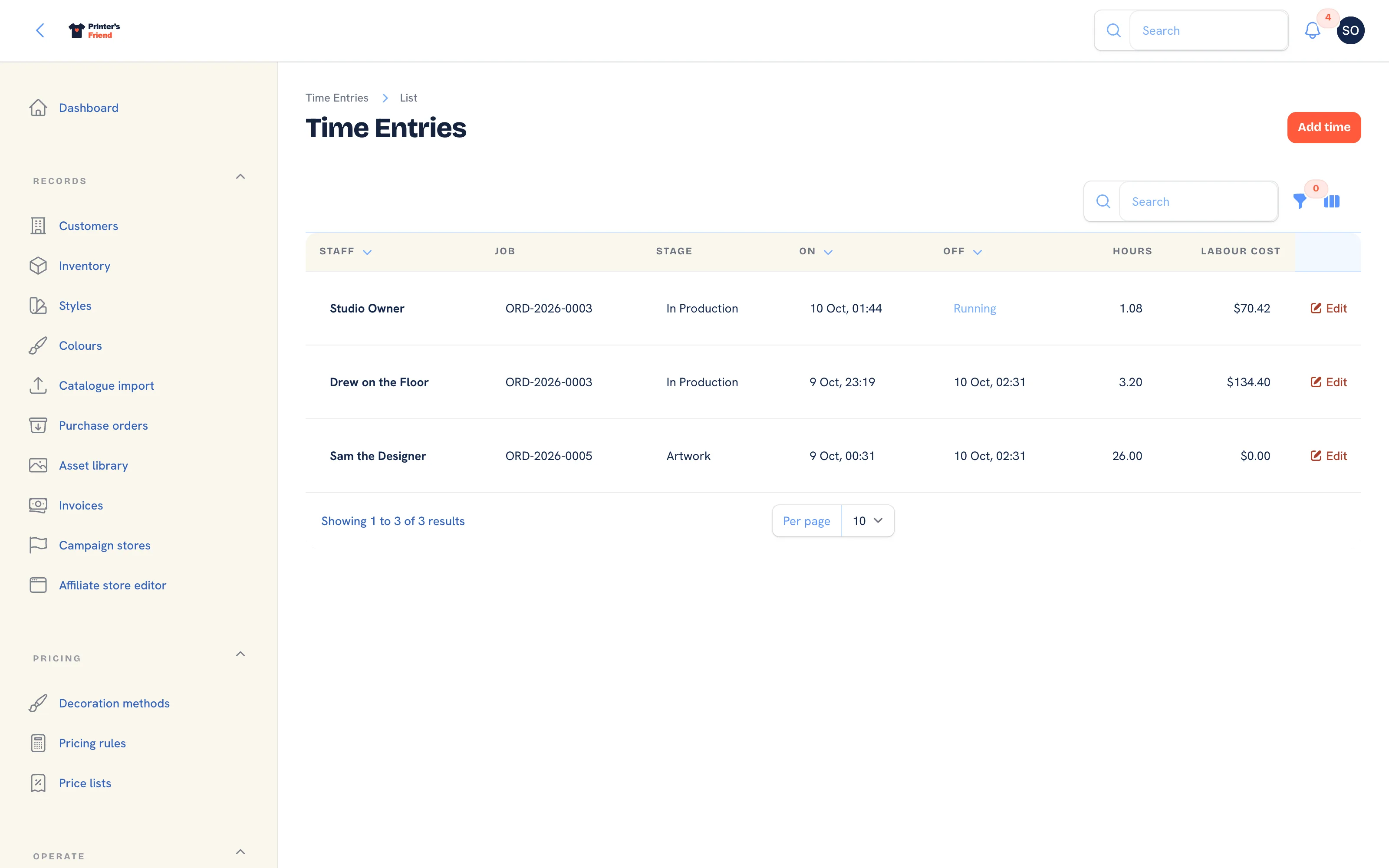 Time entries with staff, job, stage, on and off times, hours and labour cost